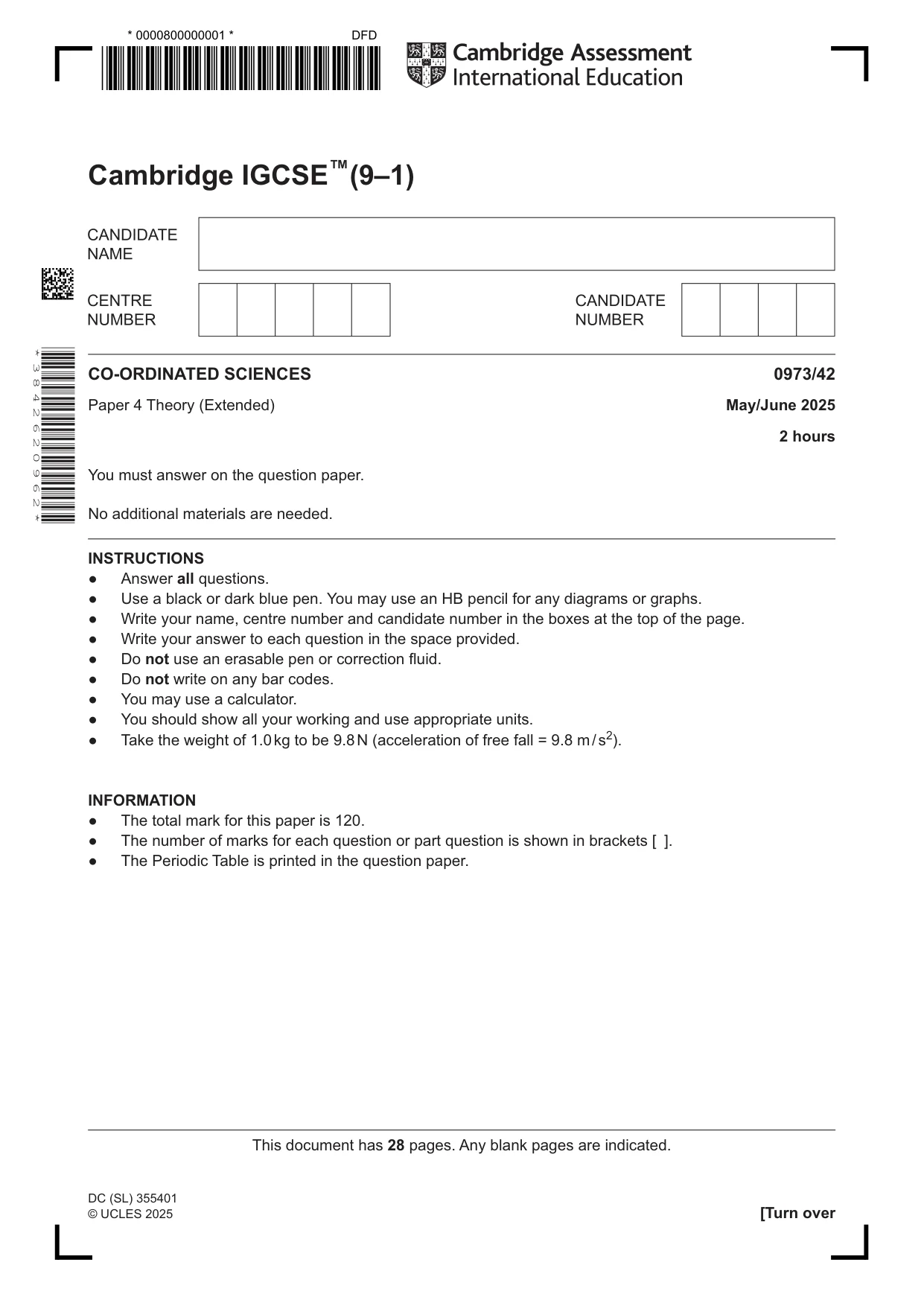 Cambridge IGCSE Sciences - Co-ordinated (9-1) 0973 2025 May/June Paper 4 · Variant 2 question paper, page 1 of 28