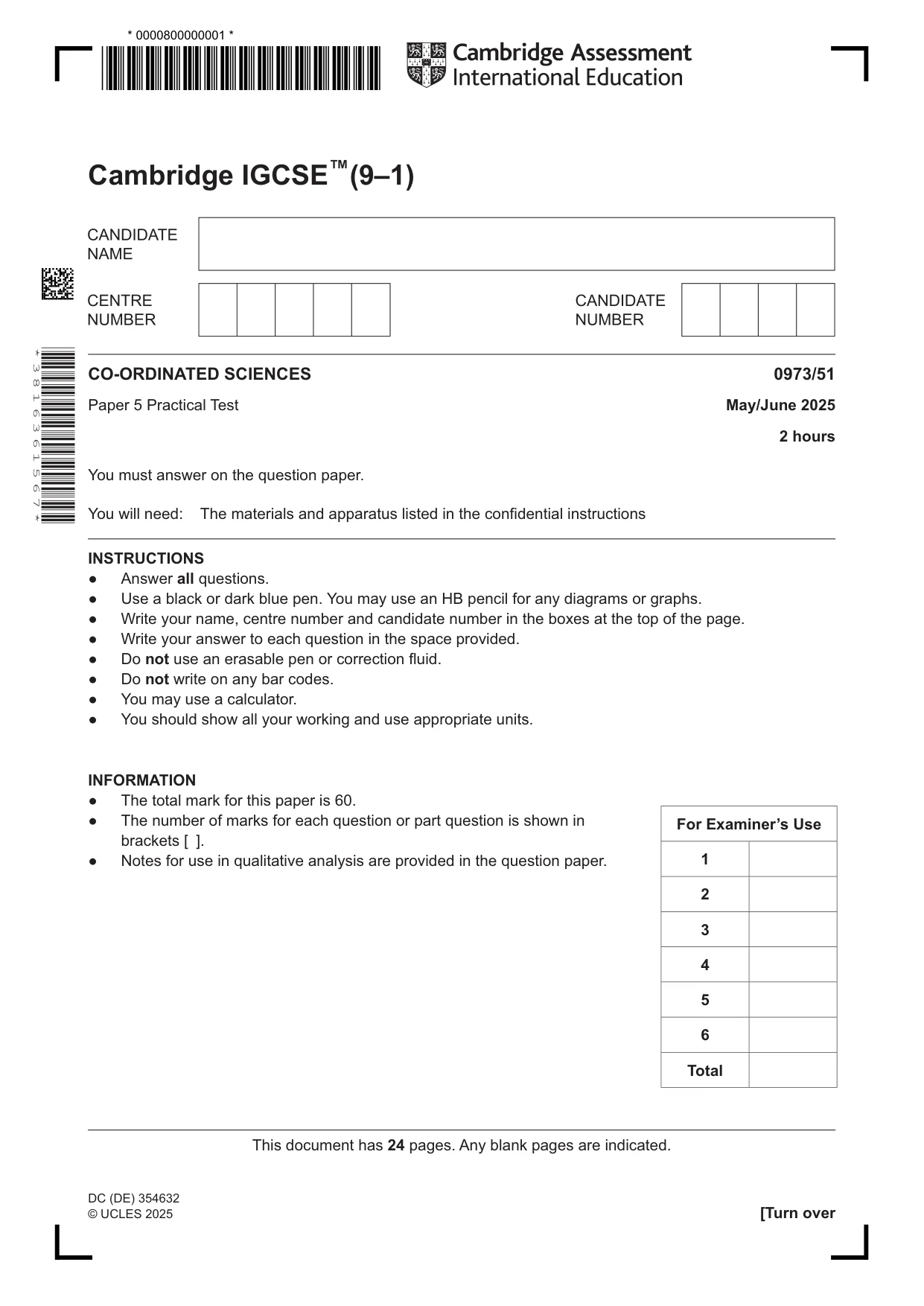 Cambridge IGCSE Sciences - Co-ordinated (9-1) 0973 2025 May/June Paper 5 · Variant 1 question paper, page 1 of 24