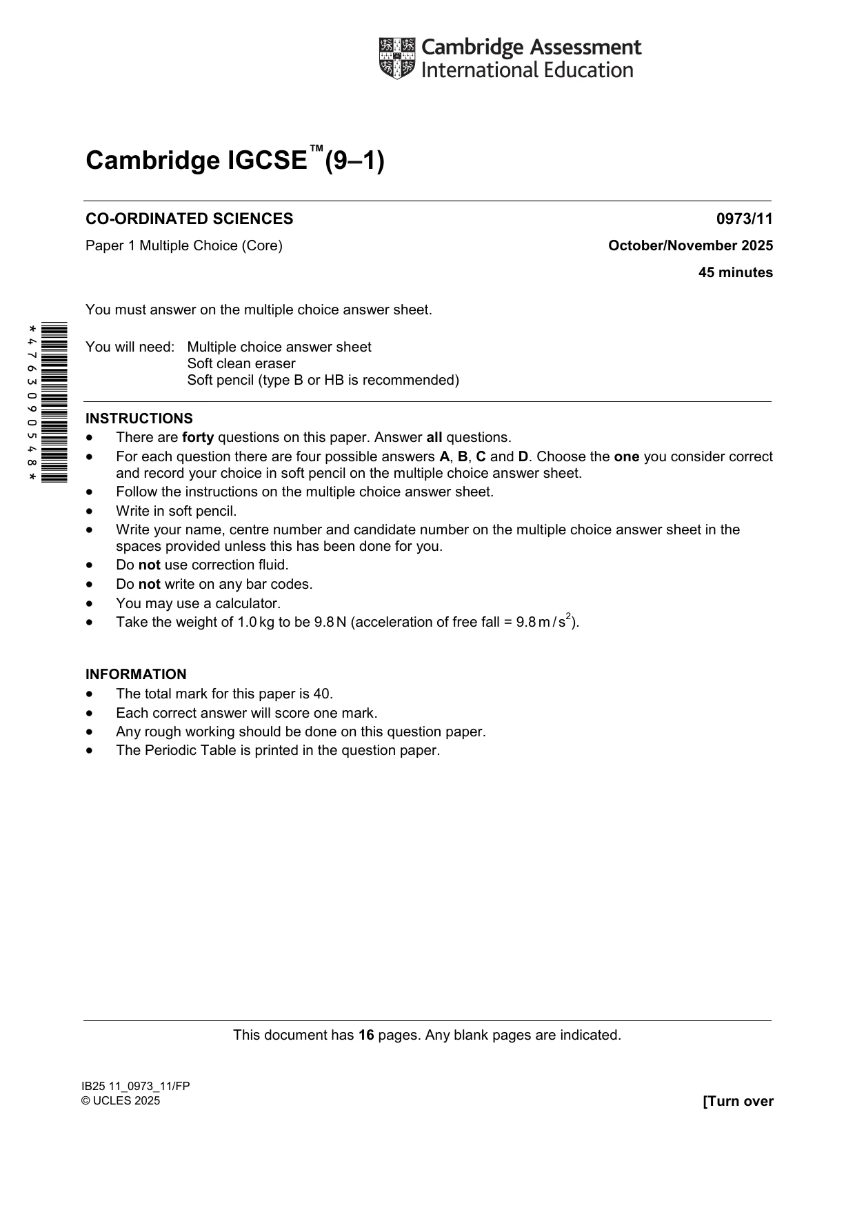 Cambridge IGCSE Sciences - Co-ordinated (9-1) 0973 2025 Oct/Nov Paper 1 · Variant 1 question paper, page 1 of 16