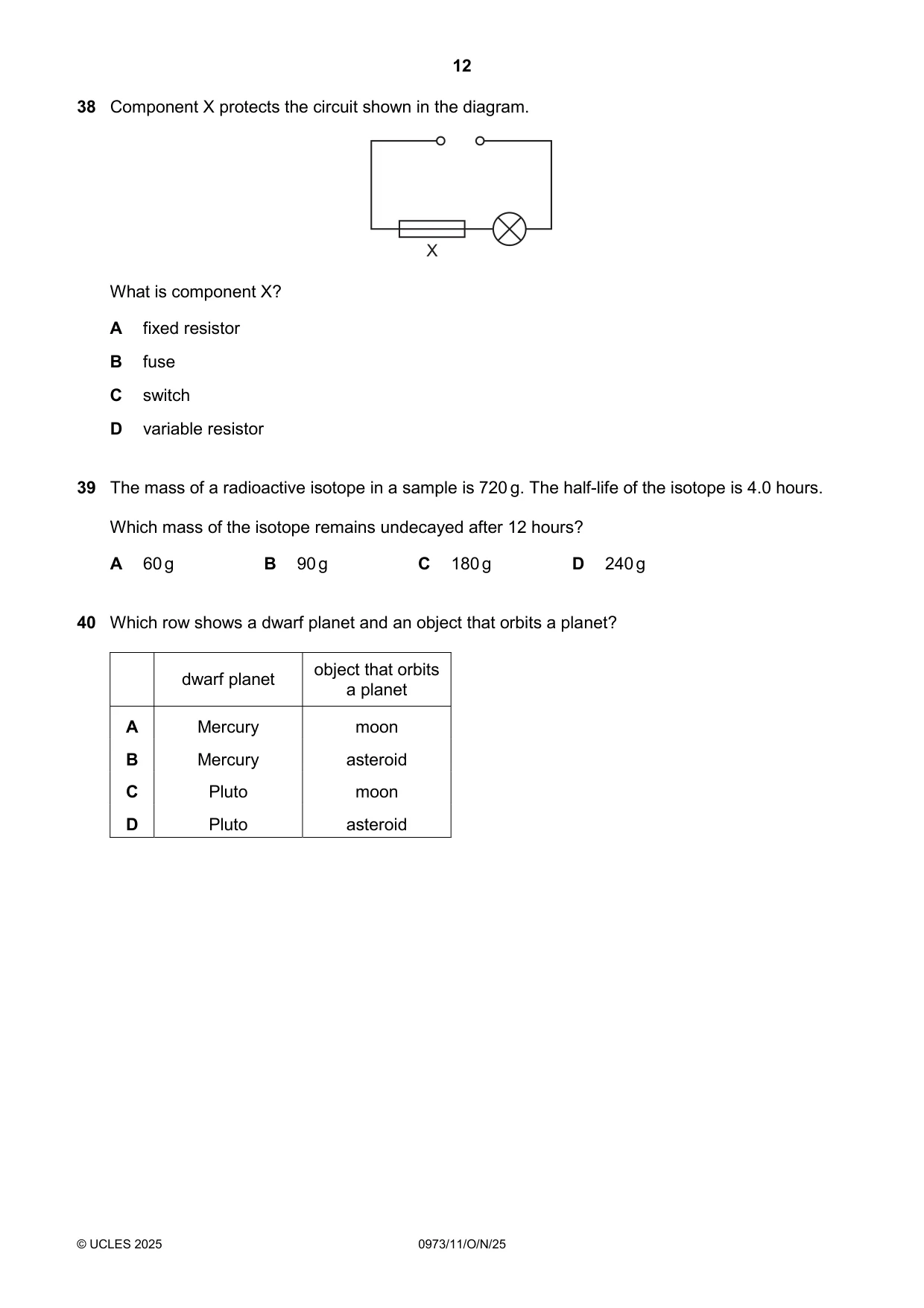 Cambridge IGCSE Sciences - Co-ordinated (9-1) 0973 2025 Oct/Nov Paper 1 · Variant 1 question paper, page 12 of 16