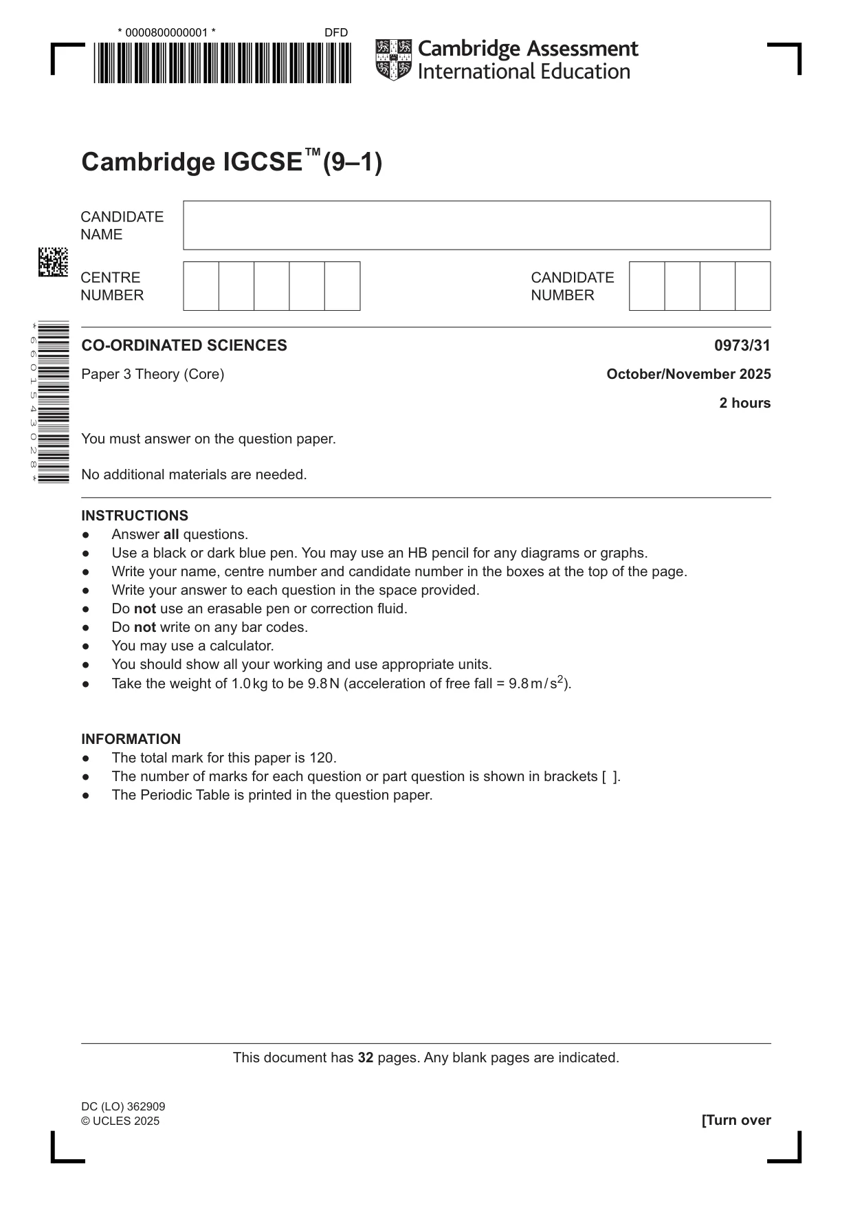 Cambridge IGCSE Sciences - Co-ordinated (9-1) 0973 2025 Oct/Nov Paper 3 · Variant 1 question paper, page 1 of 32