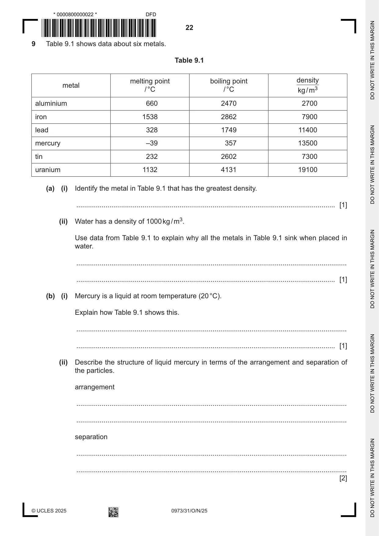 Cambridge IGCSE Sciences - Co-ordinated (9-1) 0973 2025 Oct/Nov Paper 3 · Variant 1 question paper, page 22 of 32