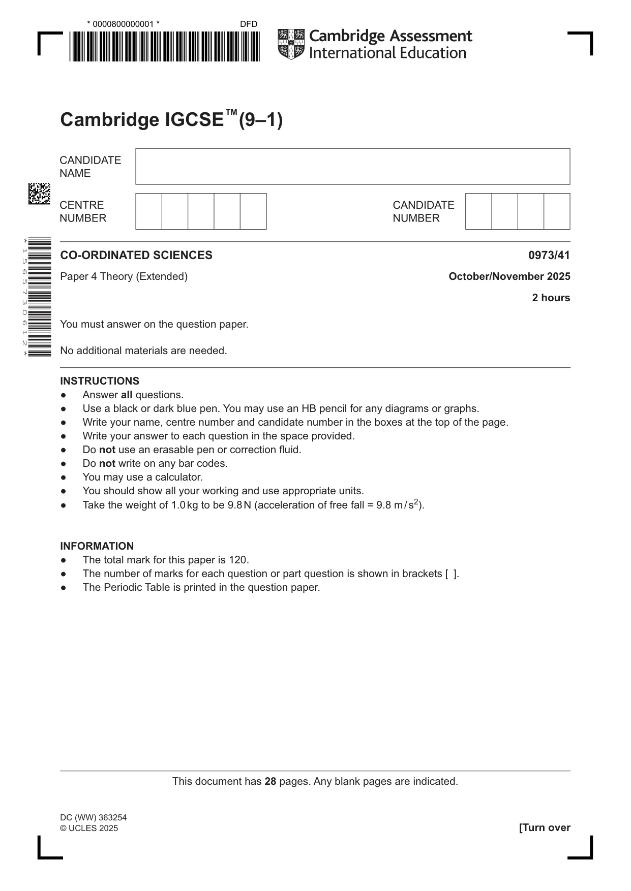 Cambridge IGCSE Sciences - Co-ordinated (9-1) 0973 2025 Oct/Nov Paper 4 · Variant 1 question paper, page 1 of 28