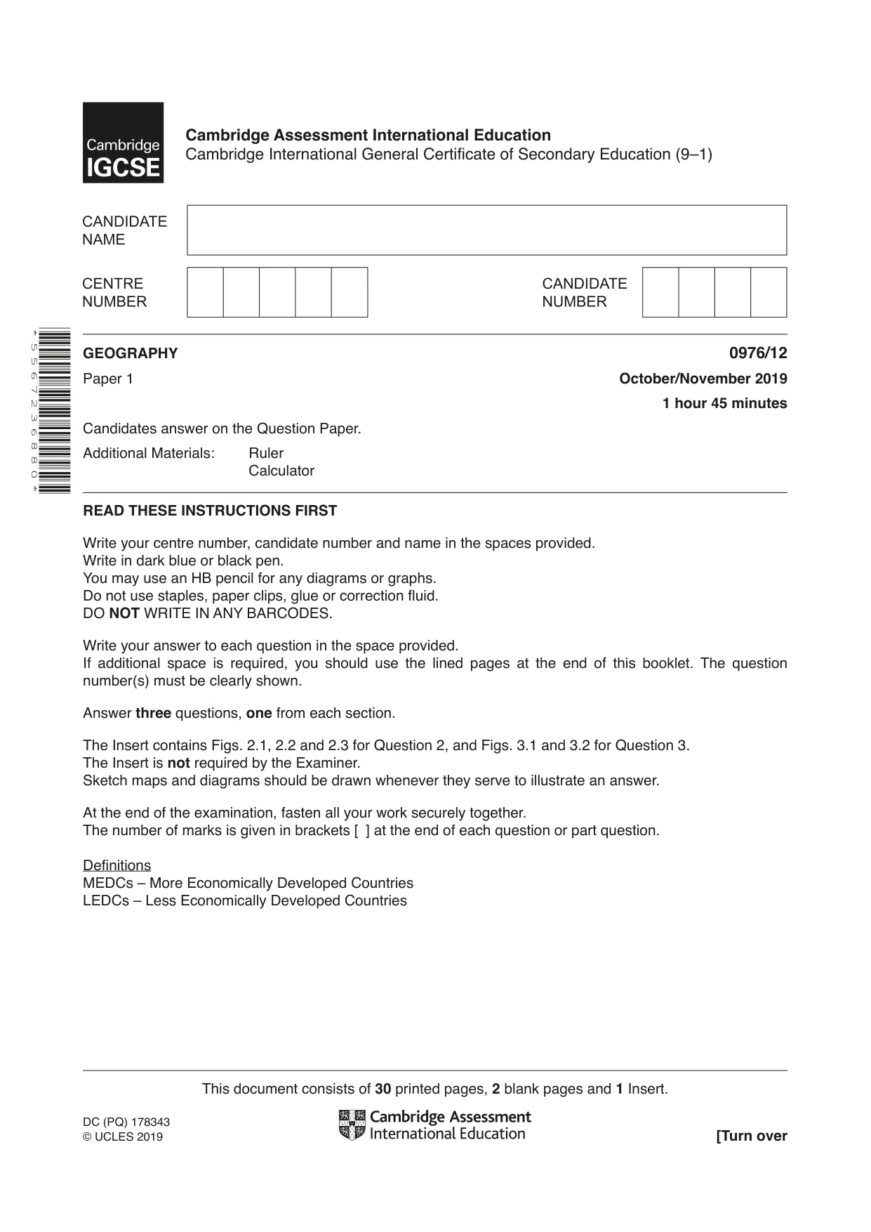 Cambridge IGCSE Geography (9-1) 0976 2019 Oct/Nov Paper 1 · Variant 2 question paper, page 1 of 32