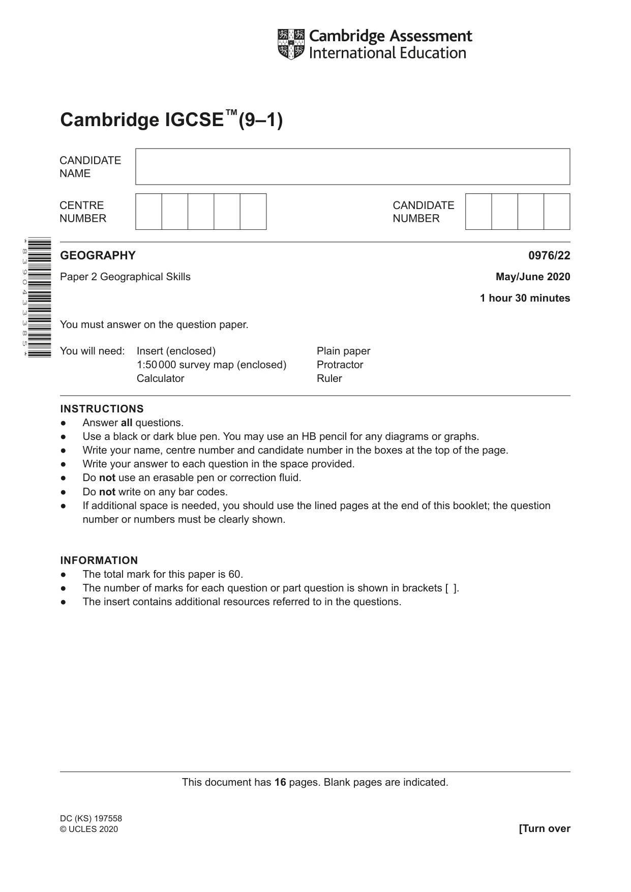 Cambridge IGCSE Geography (9-1) 0976 2020 May/June Paper 2 · Variant 2 question paper, page 1 of 16