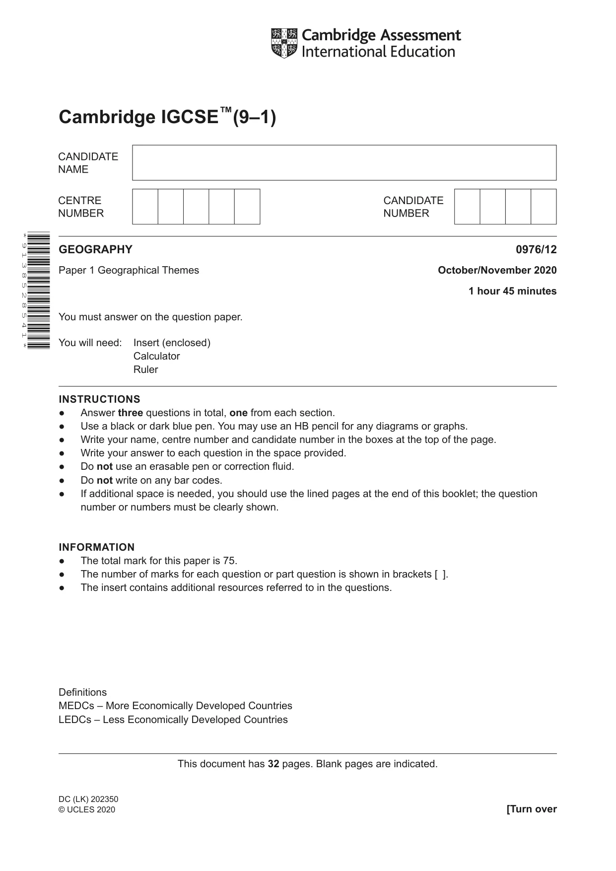 Cambridge IGCSE Geography (9-1) 0976 2020 Oct/Nov Paper 1 · Variant 2 question paper, page 1 of 32