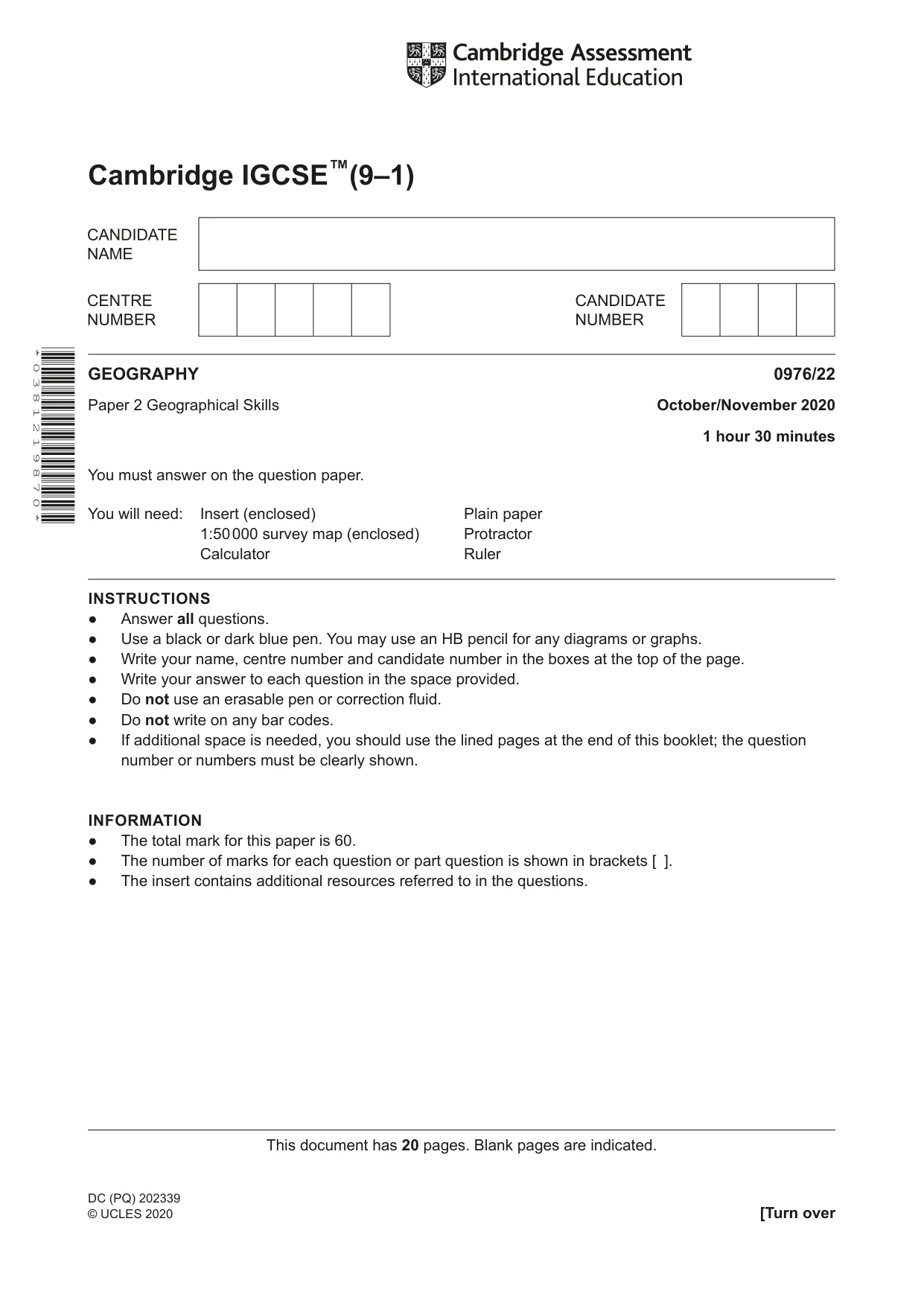 Cambridge IGCSE Geography (9-1) 0976 2020 Oct/Nov Paper 2 · Variant 2 question paper, page 1 of 20