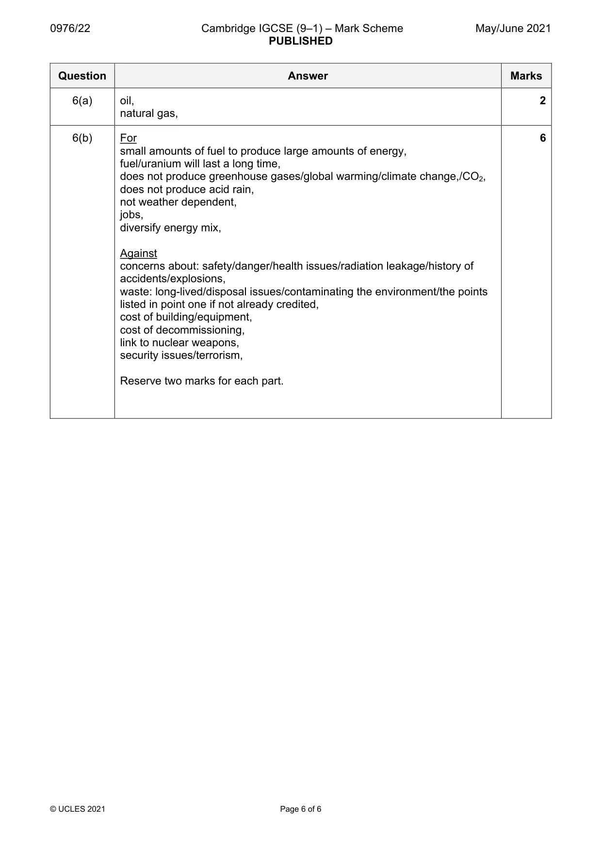 Mark scheme, page 6 of 6
