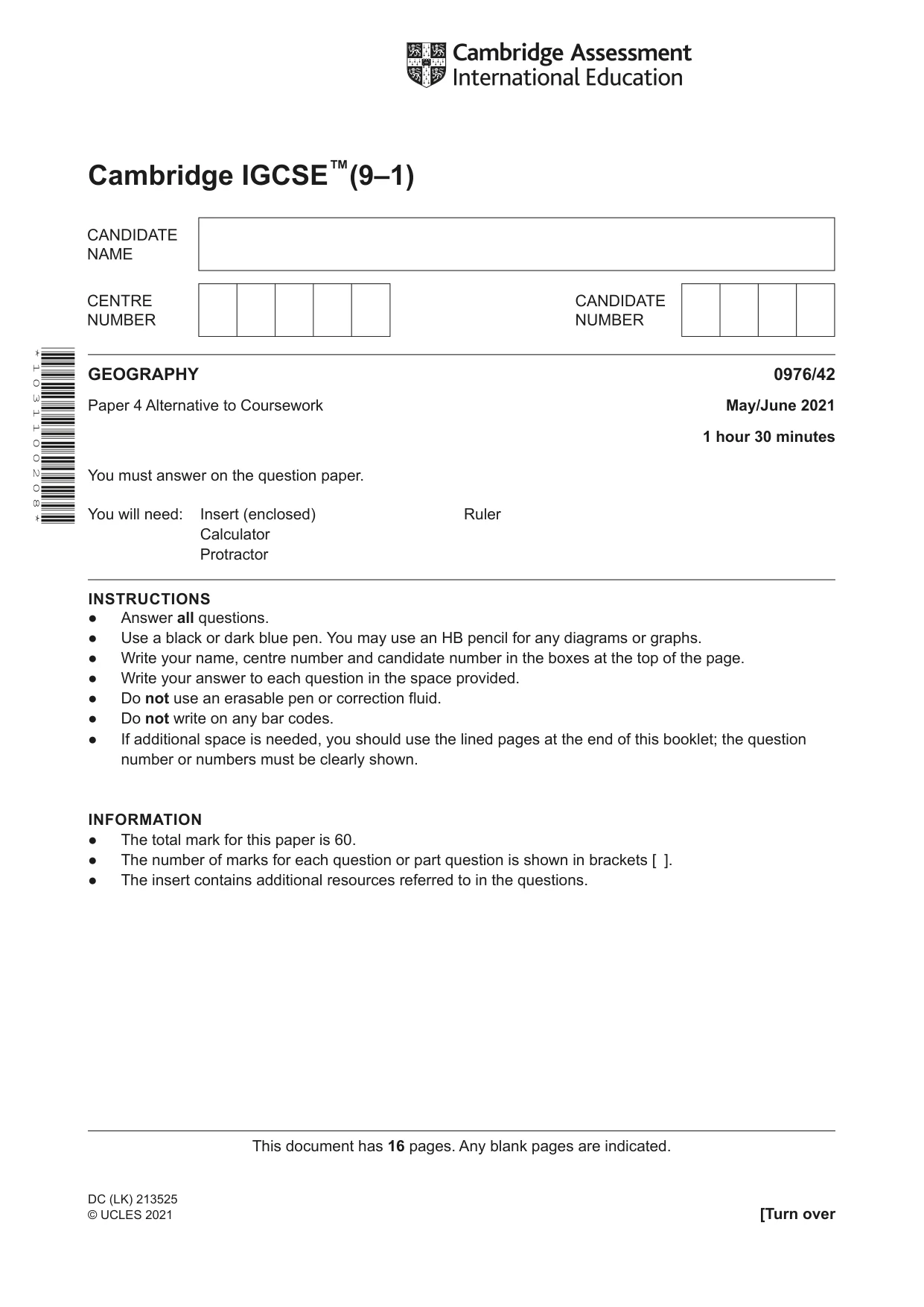 Cambridge IGCSE Geography (9-1) 0976 2021 May/June Paper 4 · Variant 2 question paper, page 1 of 16