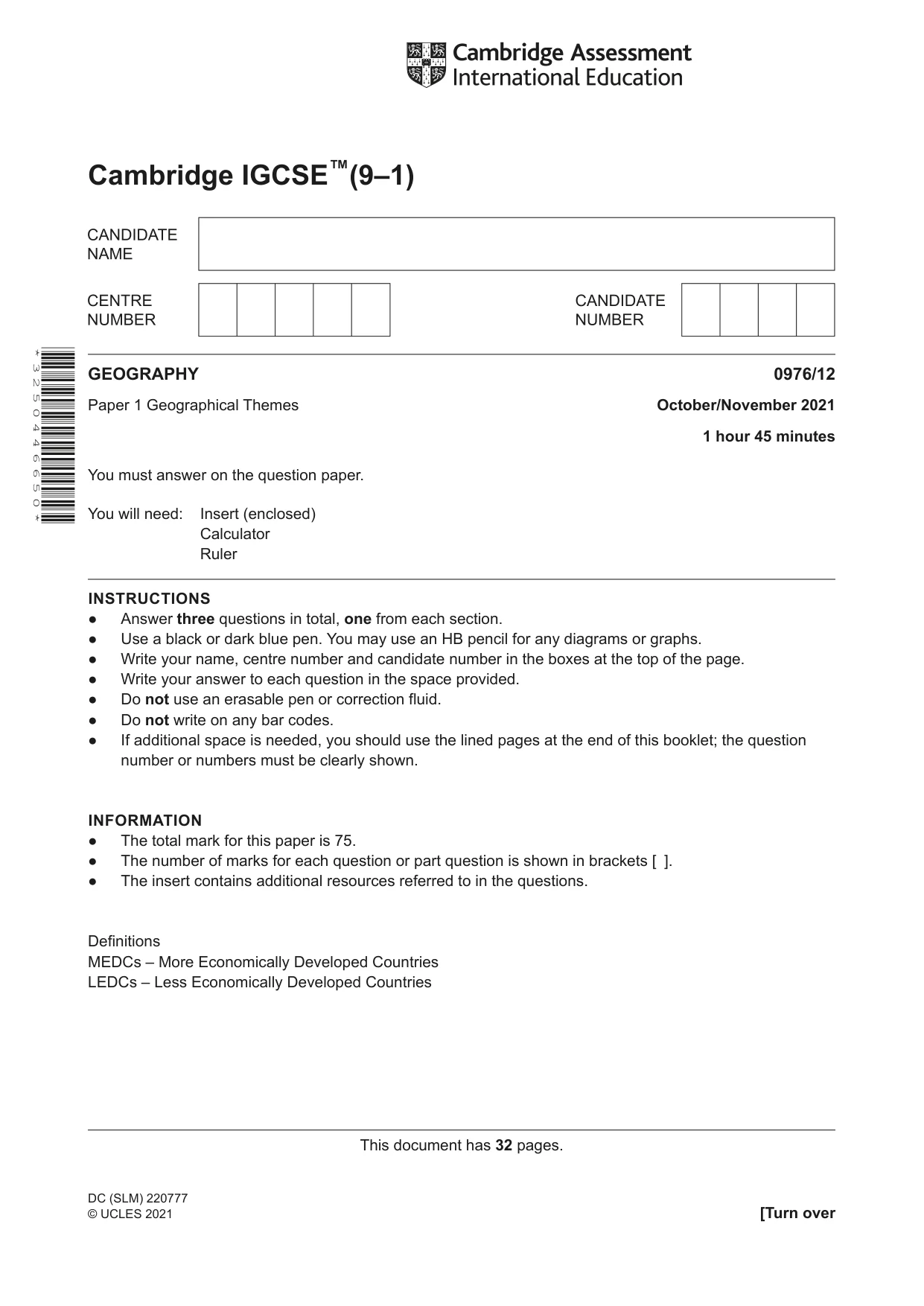 Cambridge IGCSE Geography (9-1) 0976 2021 Oct/Nov Paper 1 · Variant 2 question paper, page 1 of 32