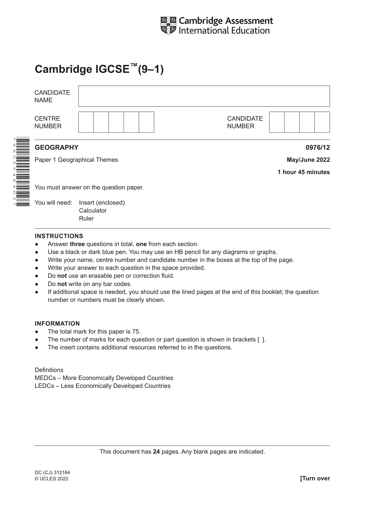 Cambridge IGCSE Geography (9-1) 0976 2022 May/June Paper 1 · Variant 2 question paper, page 1 of 24