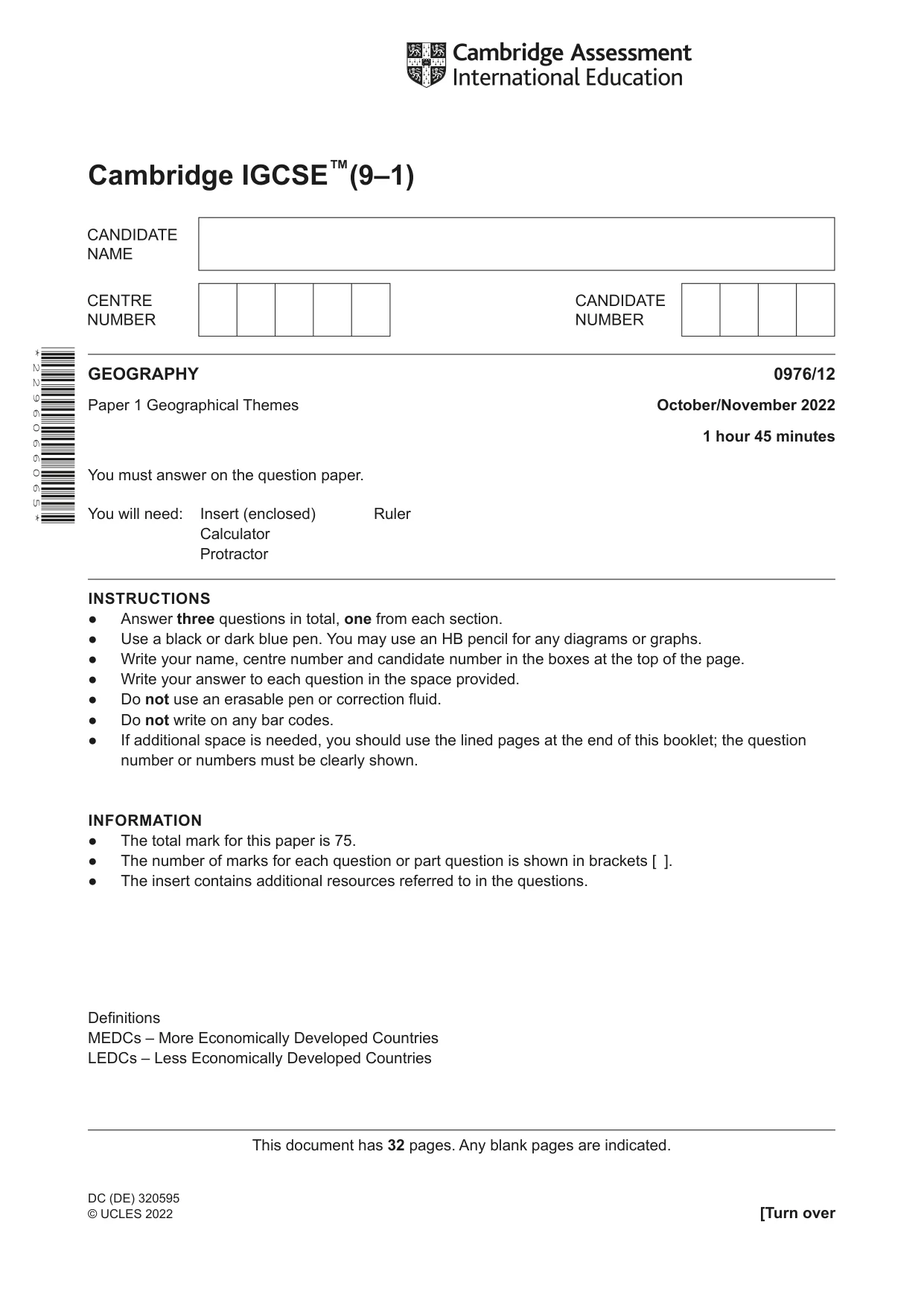 Cambridge IGCSE Geography (9-1) 0976 2022 Oct/Nov Paper 1 · Variant 2 question paper, page 1 of 32