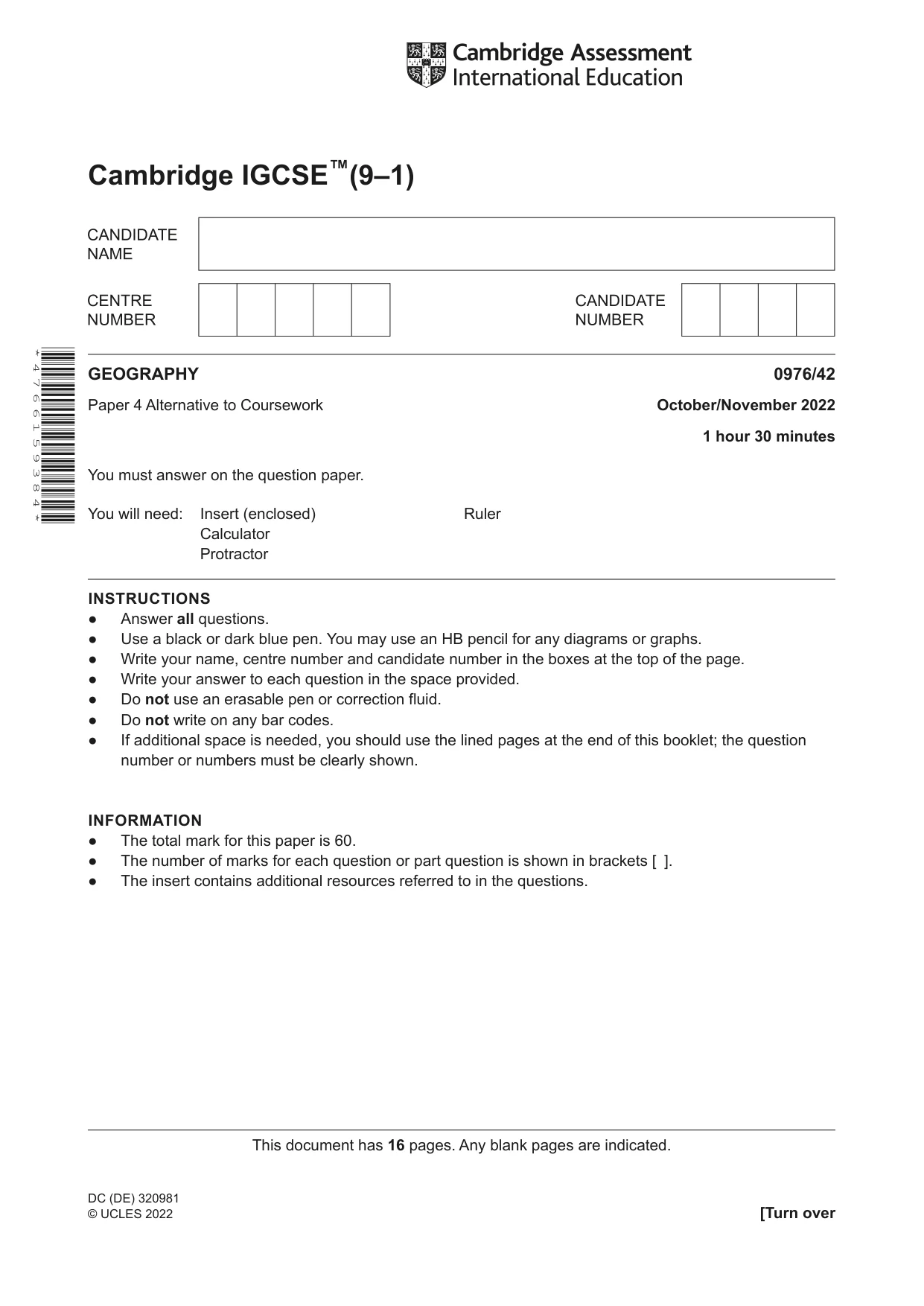 Cambridge IGCSE Geography (9-1) 0976 2022 Oct/Nov Paper 4 · Variant 2 question paper, page 1 of 16