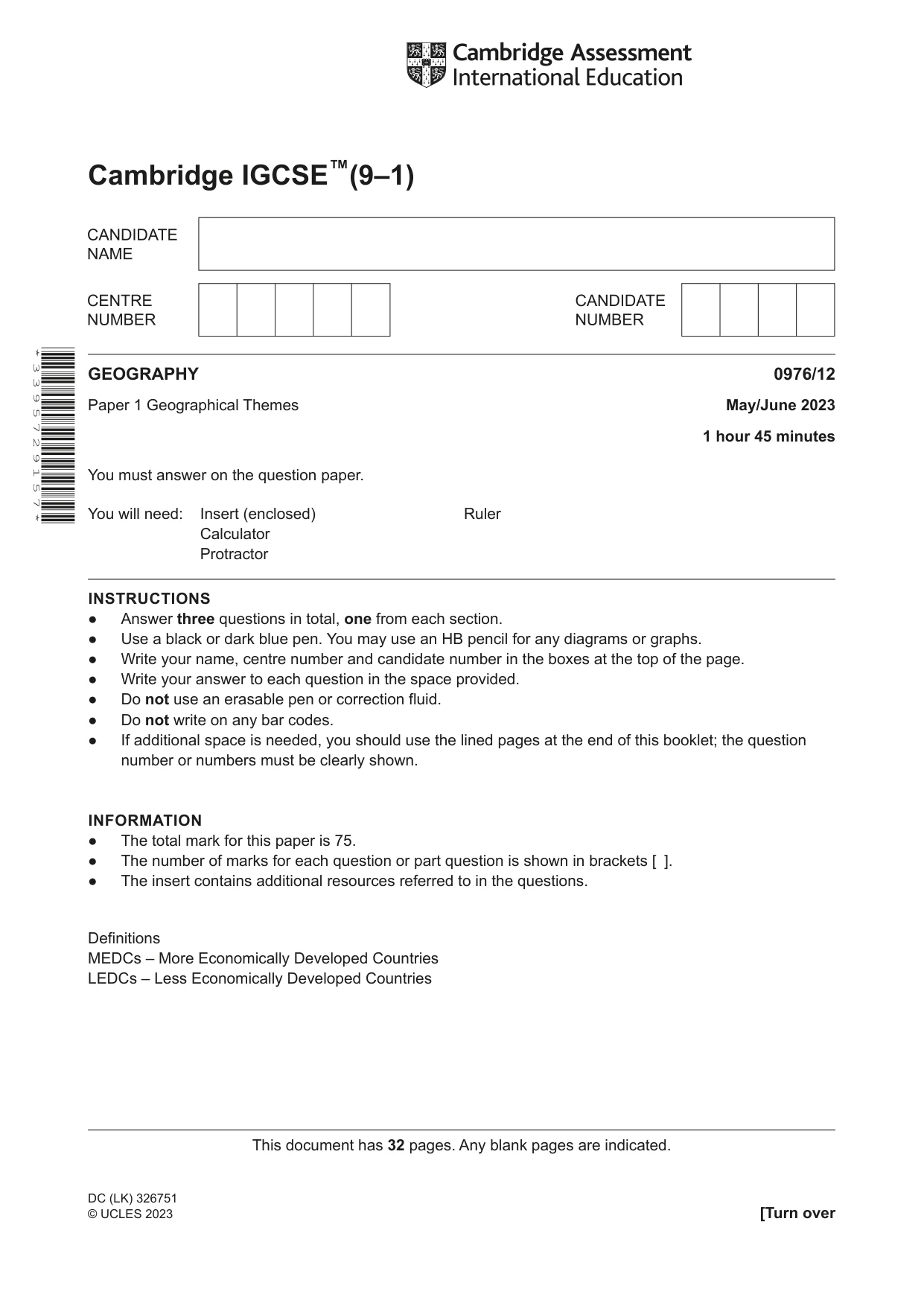 Cambridge IGCSE Geography (9-1) 0976 2023 May/June Paper 1 · Variant 2 question paper, page 1 of 32