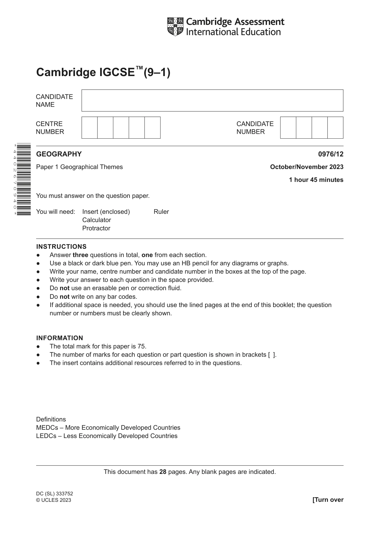 Cambridge IGCSE Geography (9-1) 0976 2023 Oct/Nov Paper 1 · Variant 2 question paper, page 1 of 28