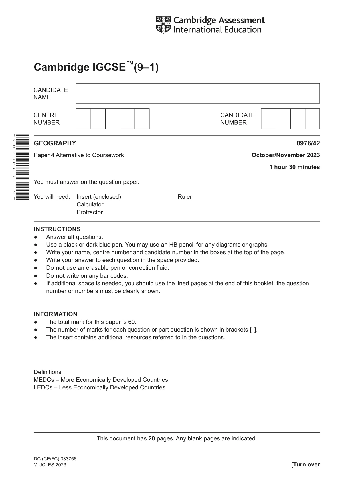Cambridge IGCSE Geography (9-1) 0976 2023 Oct/Nov Paper 4 · Variant 2 question paper, page 1 of 20