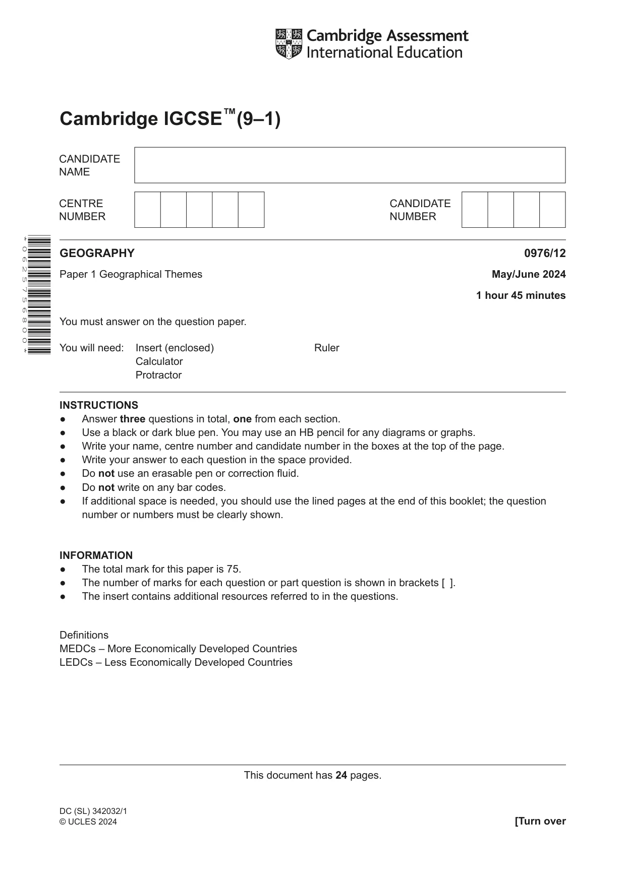 Cambridge IGCSE Geography (9-1) 0976 2024 May/June Paper 1 · Variant 2 question paper, page 1 of 24