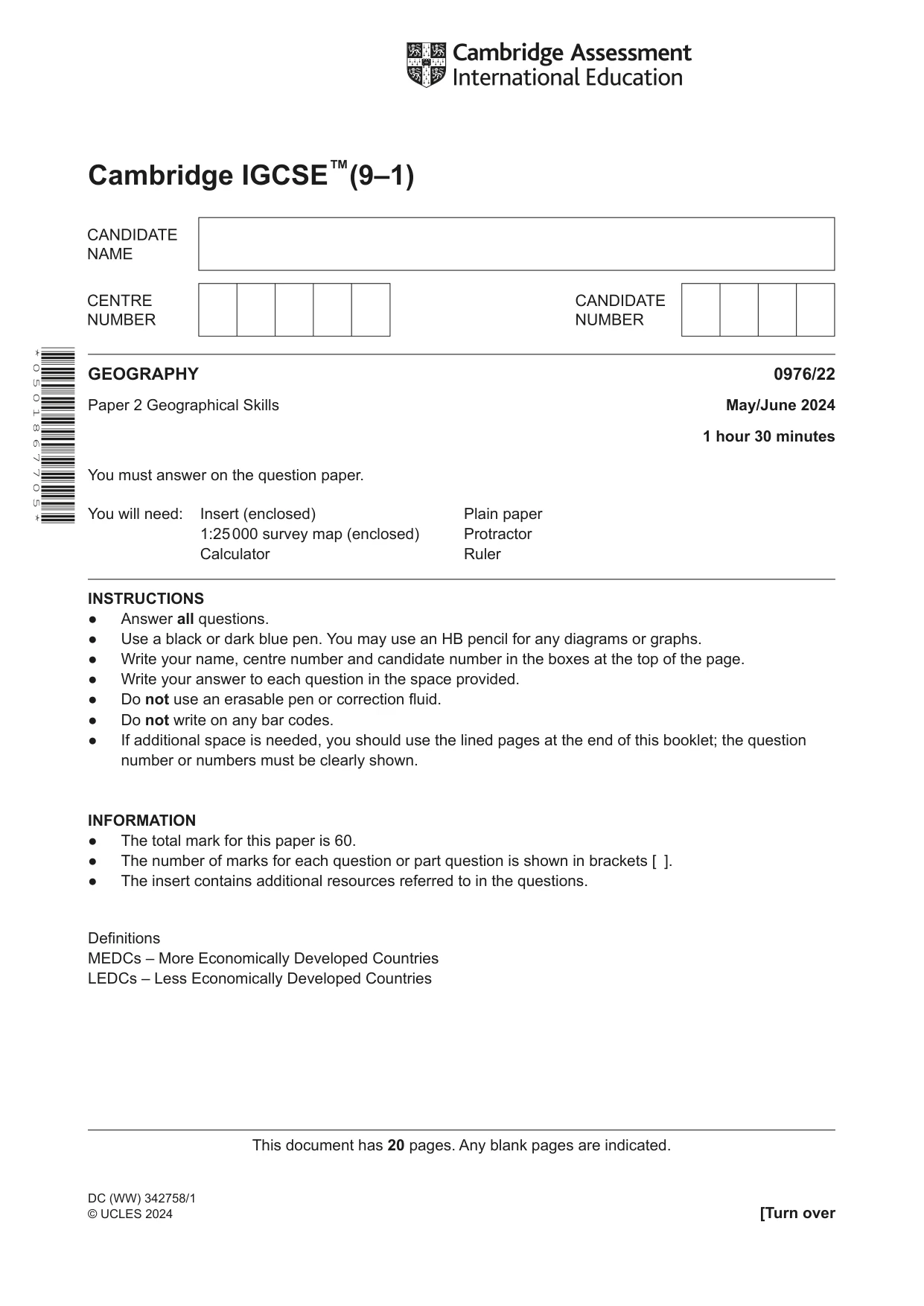 Cambridge IGCSE Geography (9-1) 0976 2024 May/June Paper 2 · Variant 2 question paper, page 1 of 20