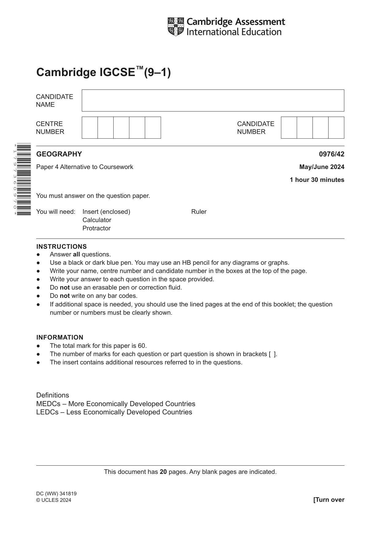 Cambridge IGCSE Geography (9-1) 0976 2024 May/June Paper 4 · Variant 2 question paper, page 1 of 20
