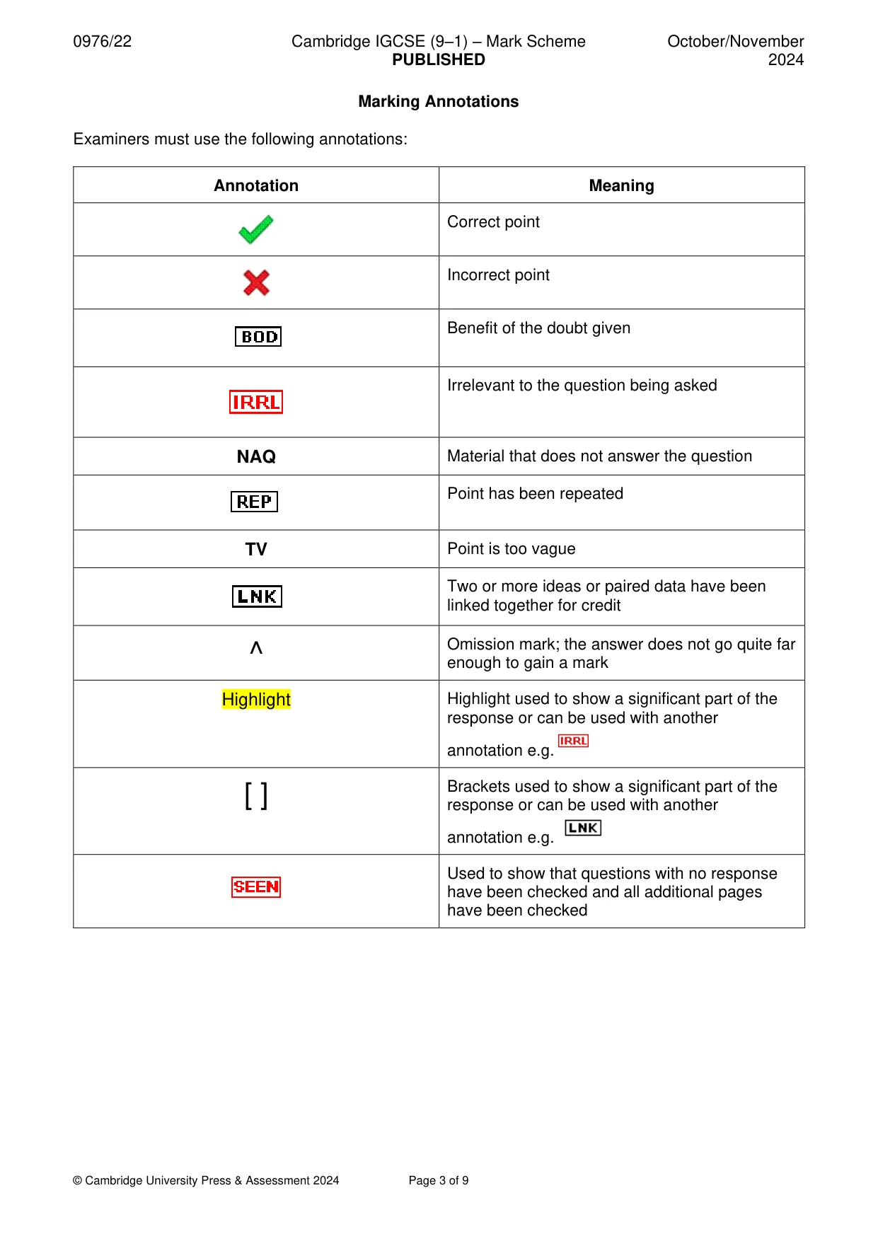 Mark scheme, page 3 of 9