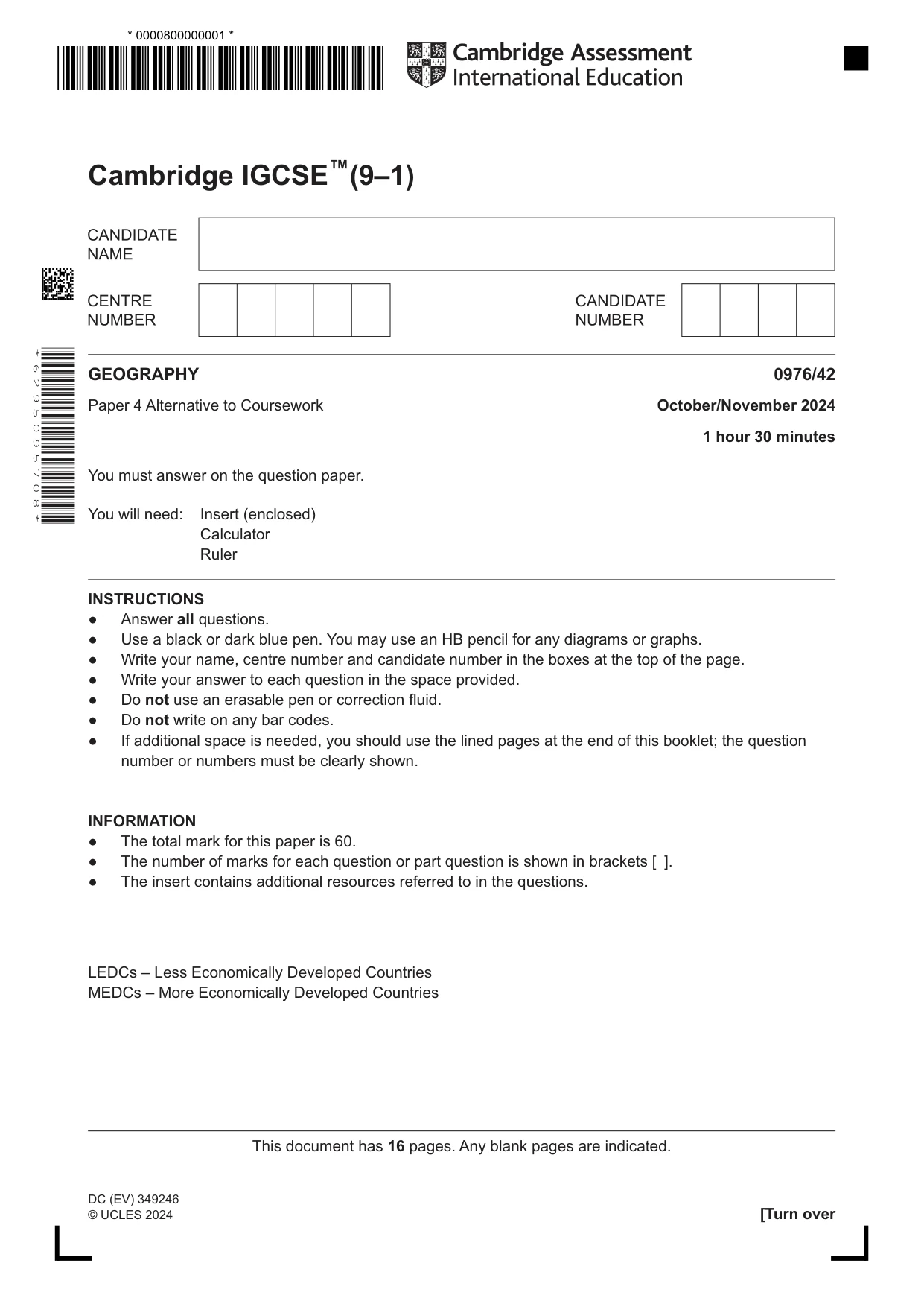 Cambridge IGCSE Geography (9-1) 0976 2024 Oct/Nov Paper 4 · Variant 2 question paper, page 1 of 16