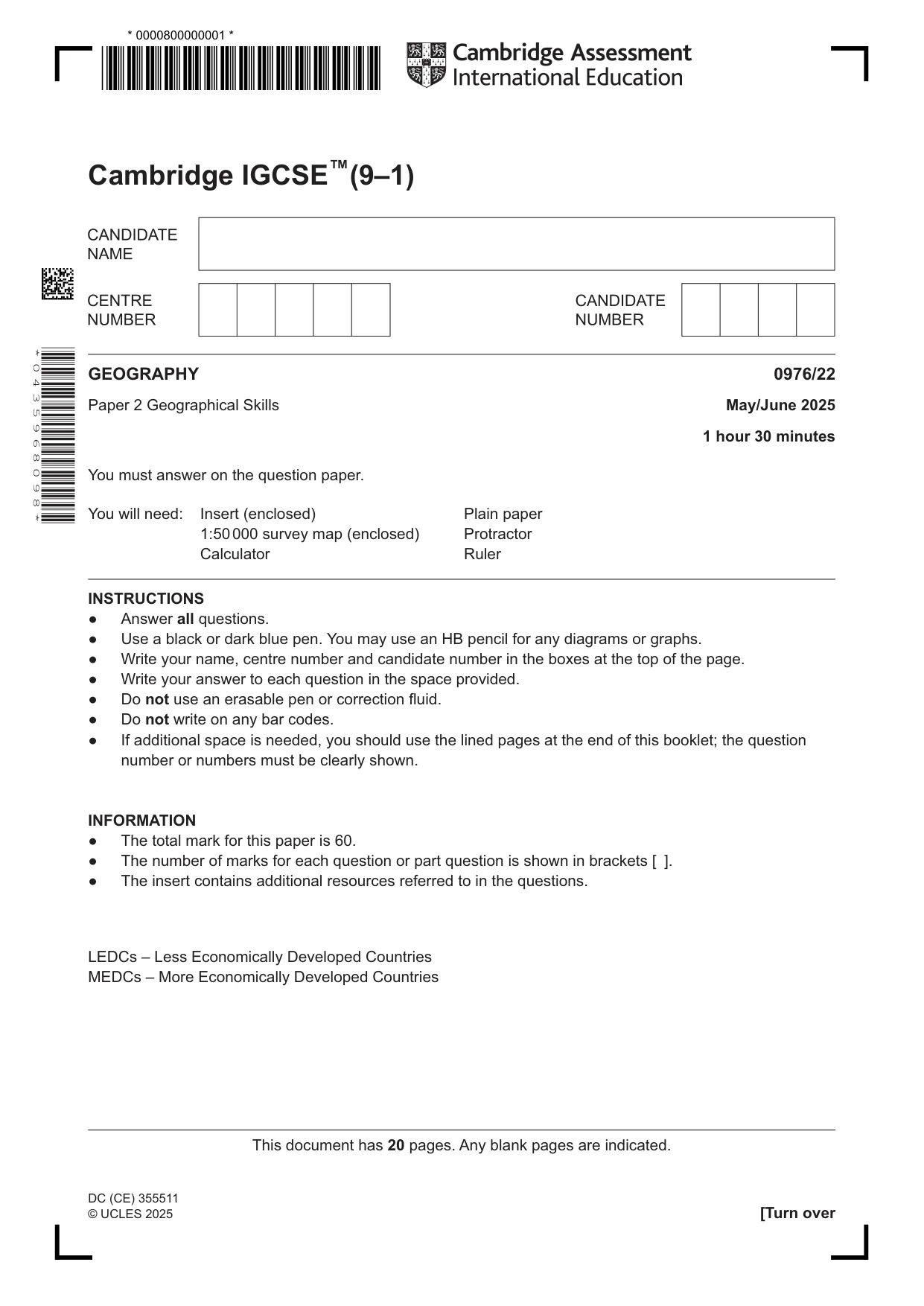 Cambridge IGCSE Geography (9-1) 0976 2025 May/June Paper 2 · Variant 2 question paper, page 1 of 20