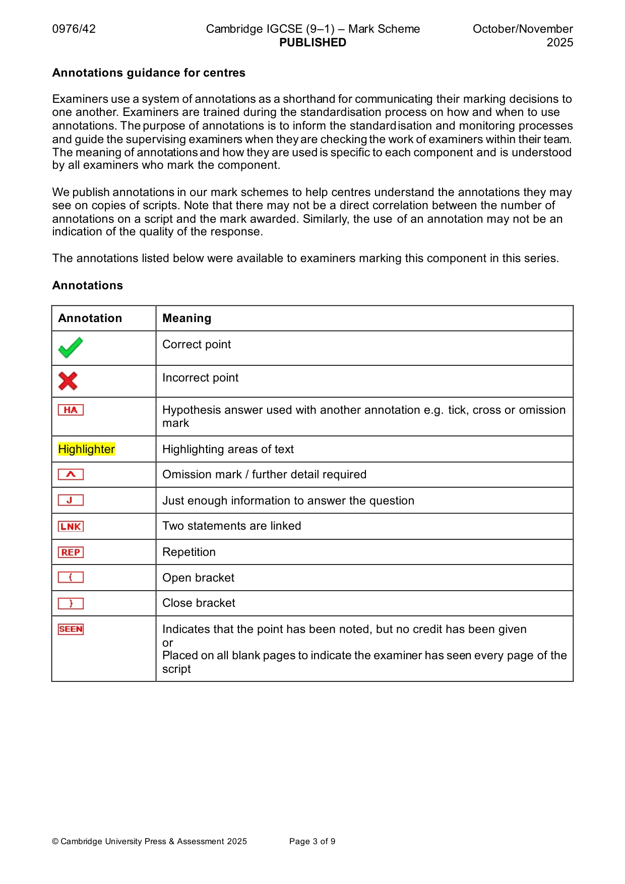 Mark scheme, page 3 of 9