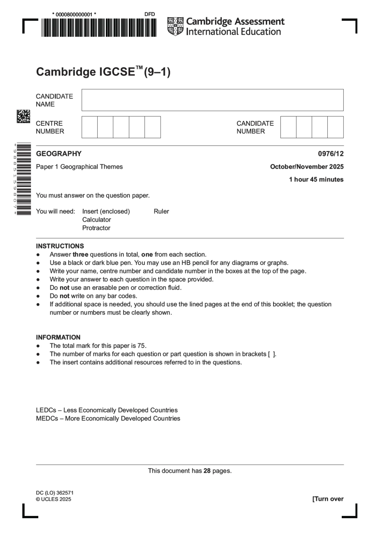 Cambridge IGCSE Geography (9-1) 0976 2025 Oct/Nov Paper 1 · Variant 2 question paper, page 1 of 28