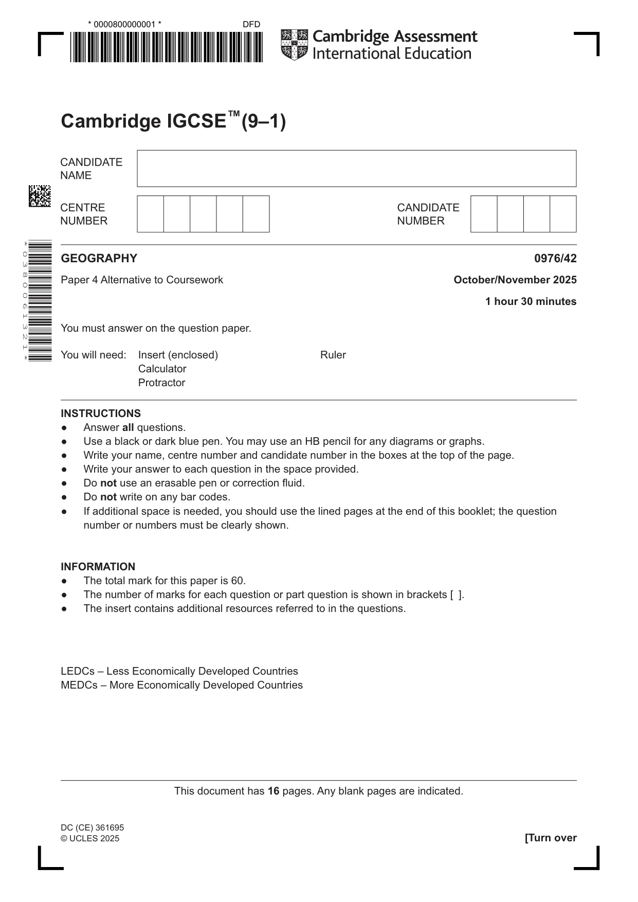 Cambridge IGCSE Geography (9-1) 0976 2025 Oct/Nov Paper 4 · Variant 2 question paper, page 1 of 16