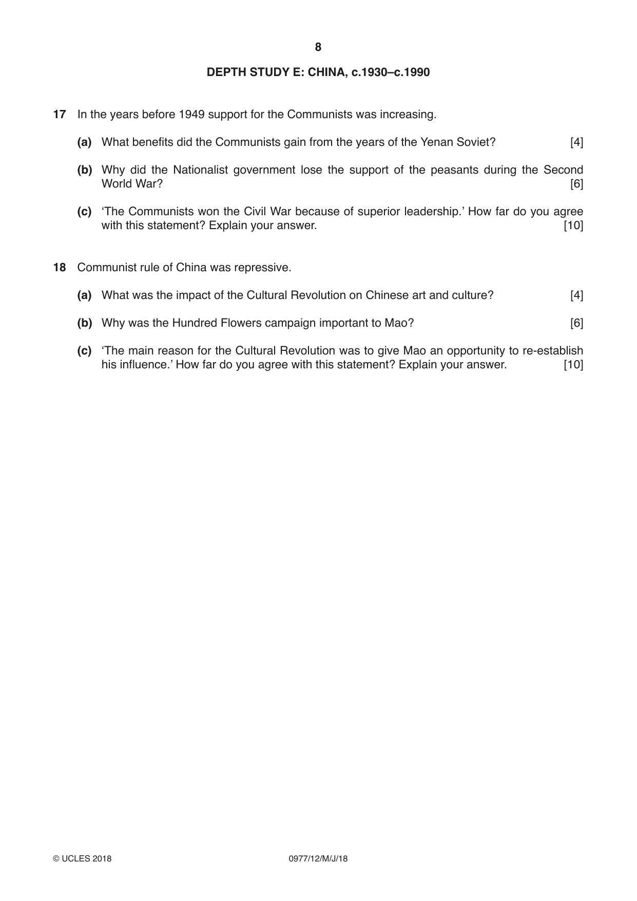 Cambridge IGCSE History (9-1) 0977 2018 May/June Paper 1 · Variant 2 question paper, page 8 of 12