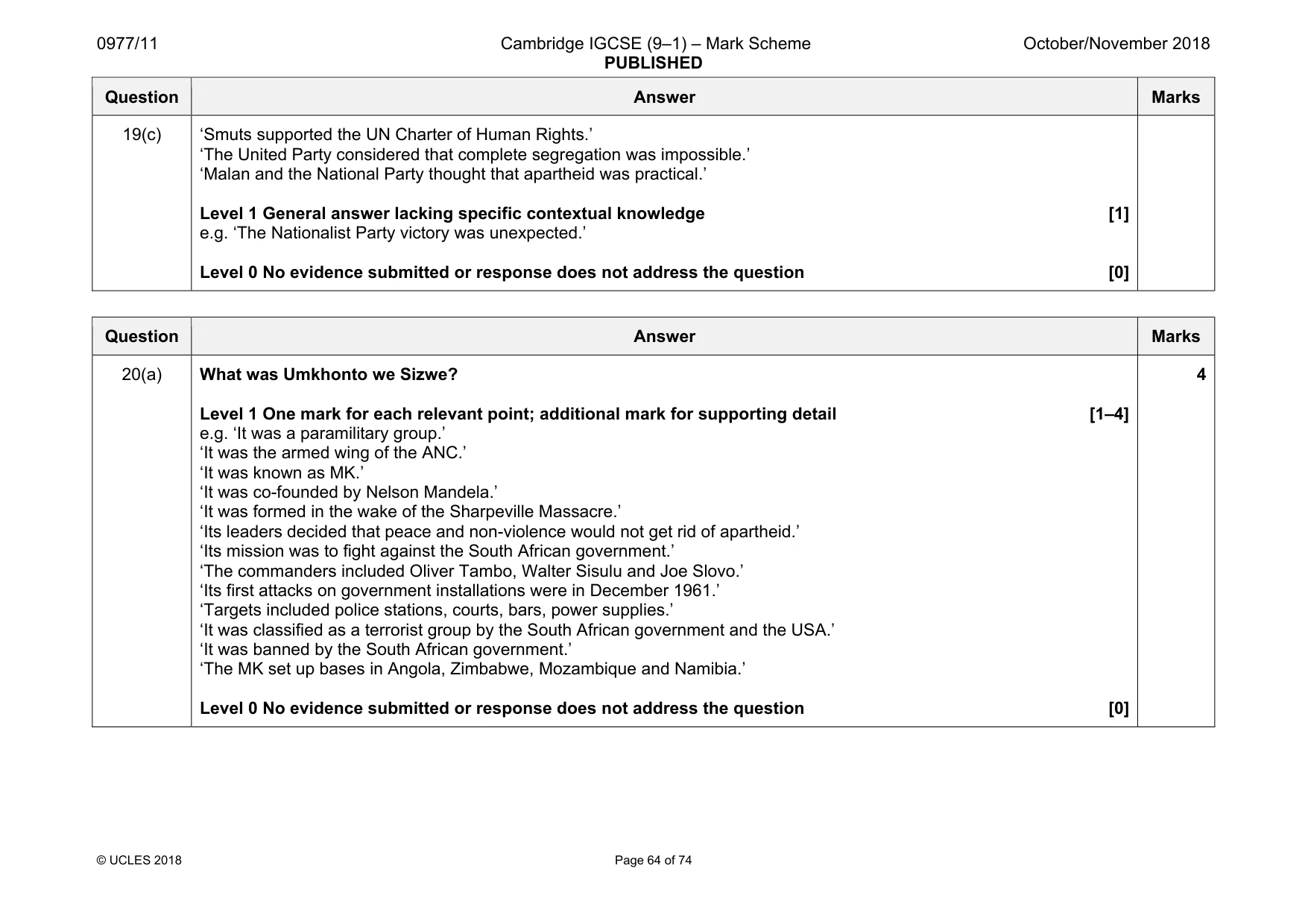 Mark scheme, page 64 of 74