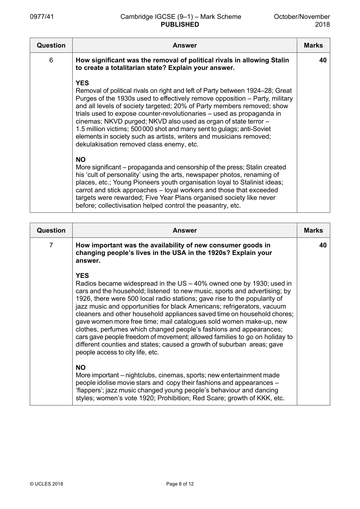 Mark scheme, page 8 of 12