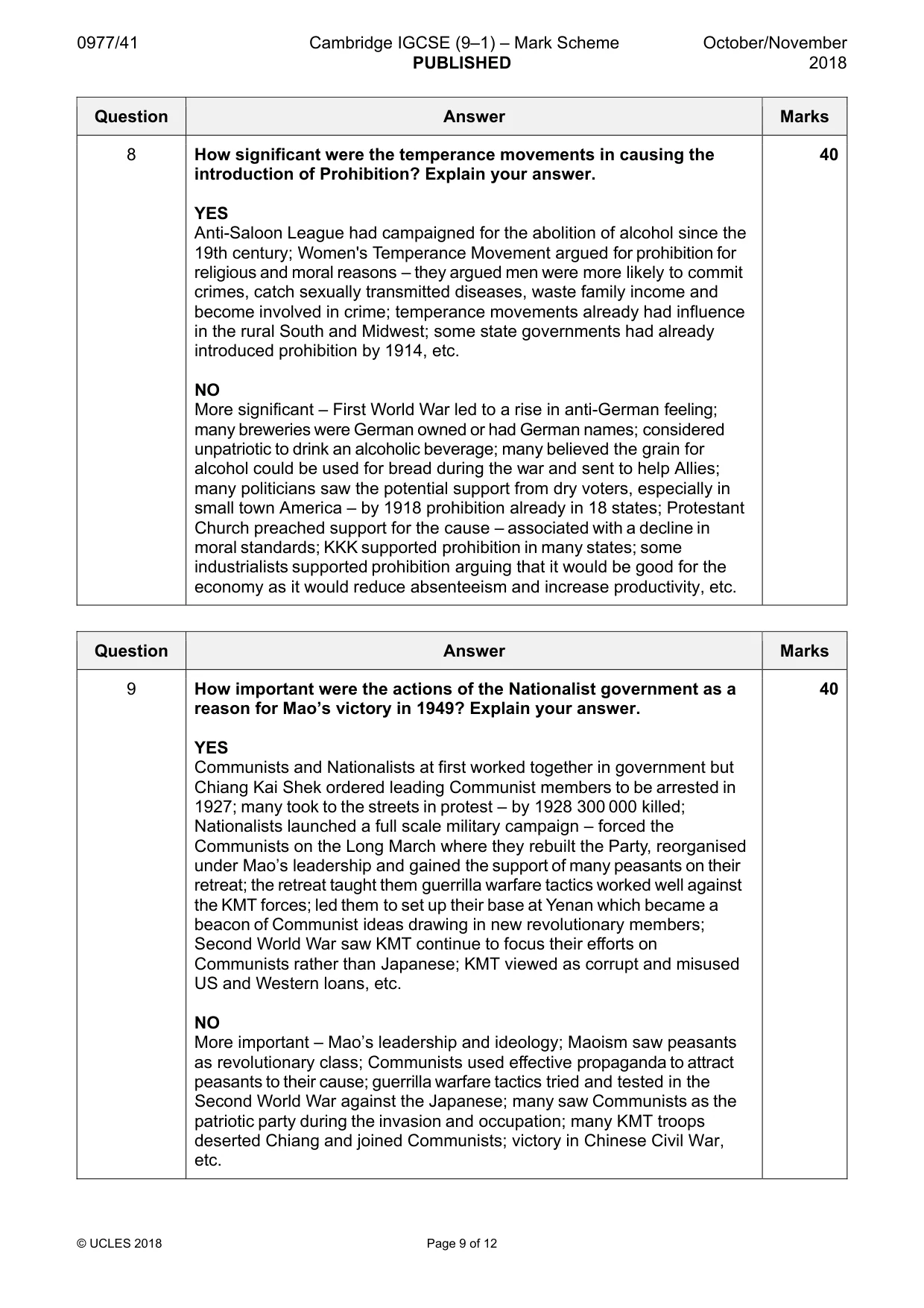 Mark scheme, page 9 of 12