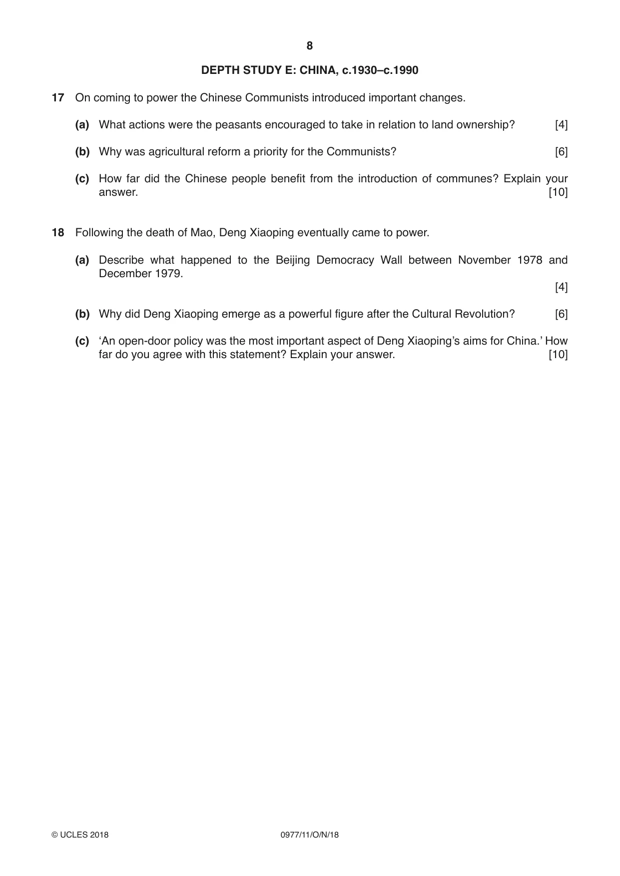 Cambridge IGCSE History (9-1) 0977 2018 Oct/Nov Paper 1 · Variant 1 question paper, page 8 of 12