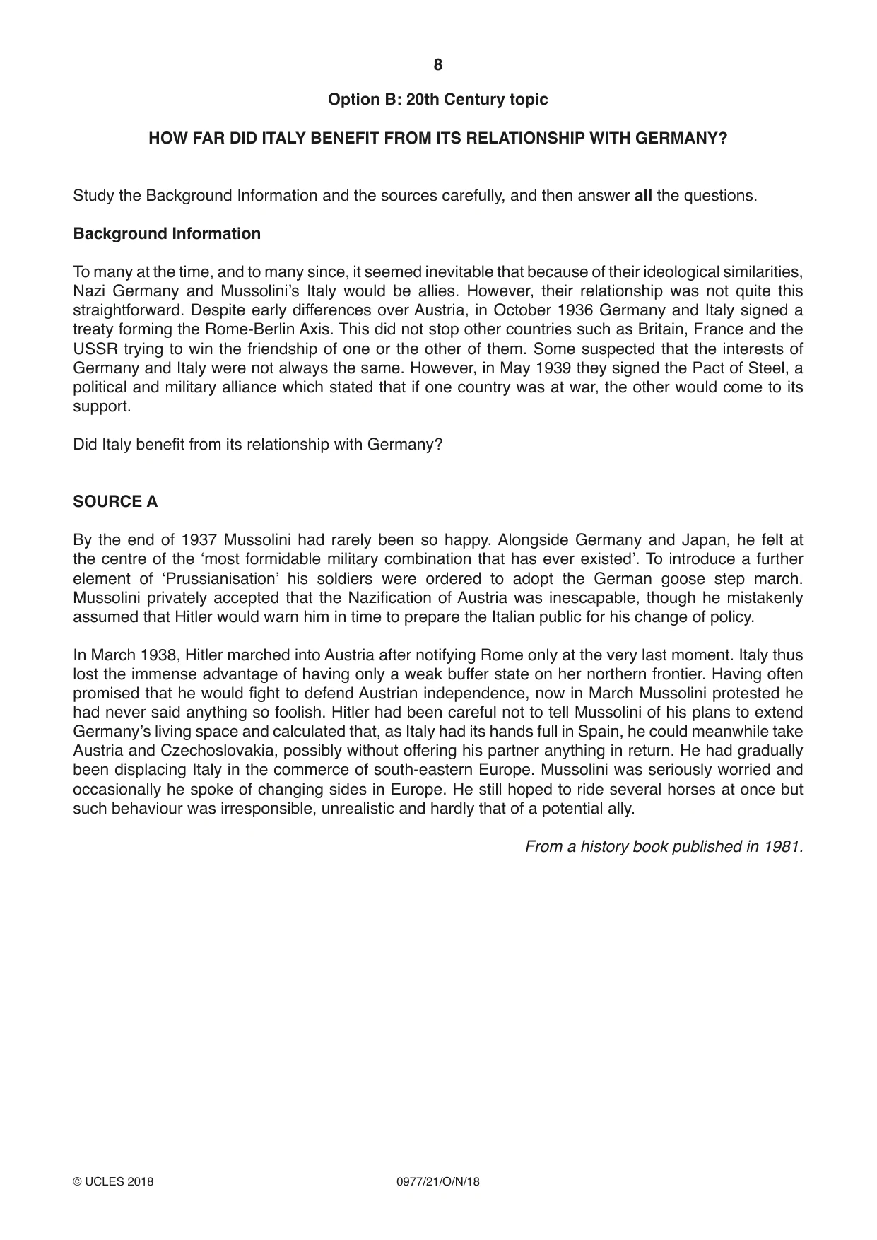 Cambridge IGCSE History (9-1) 0977 2018 Oct/Nov Paper 2 · Variant 1 question paper, page 8 of 12