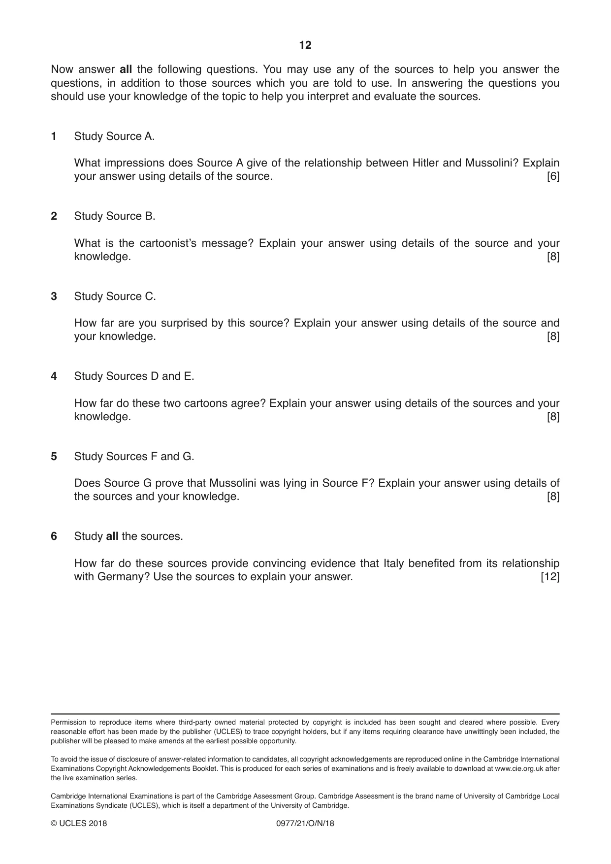 Cambridge IGCSE History (9-1) 0977 2018 Oct/Nov Paper 2 · Variant 1 question paper, page 12 of 12