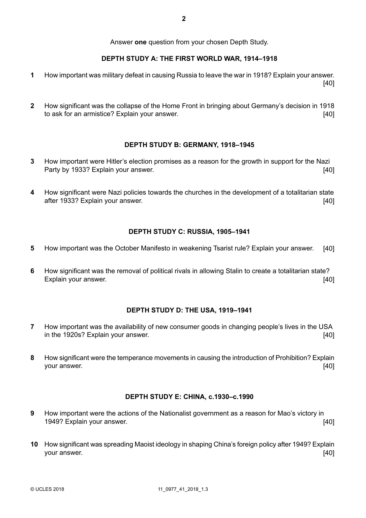Cambridge IGCSE History (9-1) 0977 2018 Oct/Nov Paper 4 · Variant 1 question paper, page 2 of 4