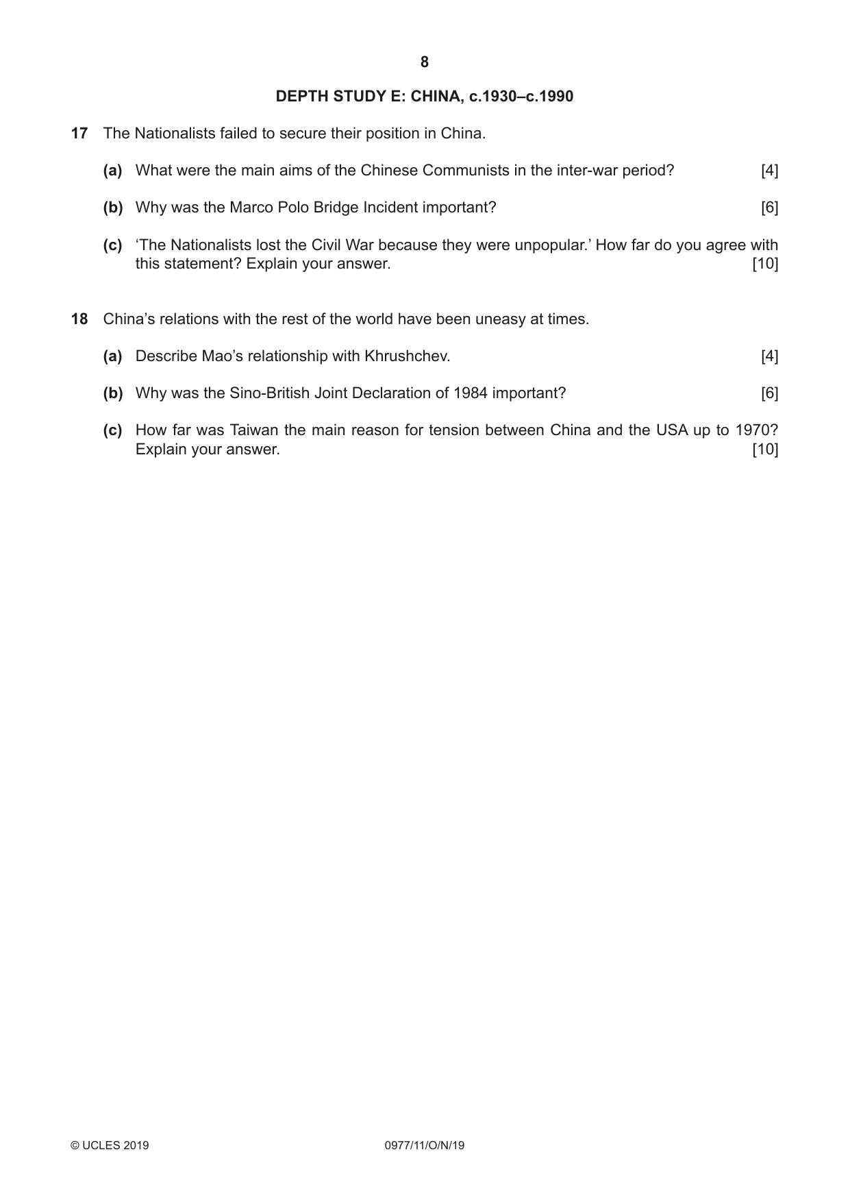 Cambridge IGCSE History (9-1) 0977 2019 Oct/Nov Paper 1 · Variant 1 question paper, page 8 of 12