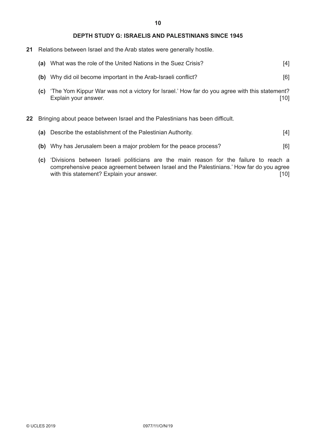 Cambridge IGCSE History (9-1) 0977 2019 Oct/Nov Paper 1 · Variant 1 question paper, page 10 of 12