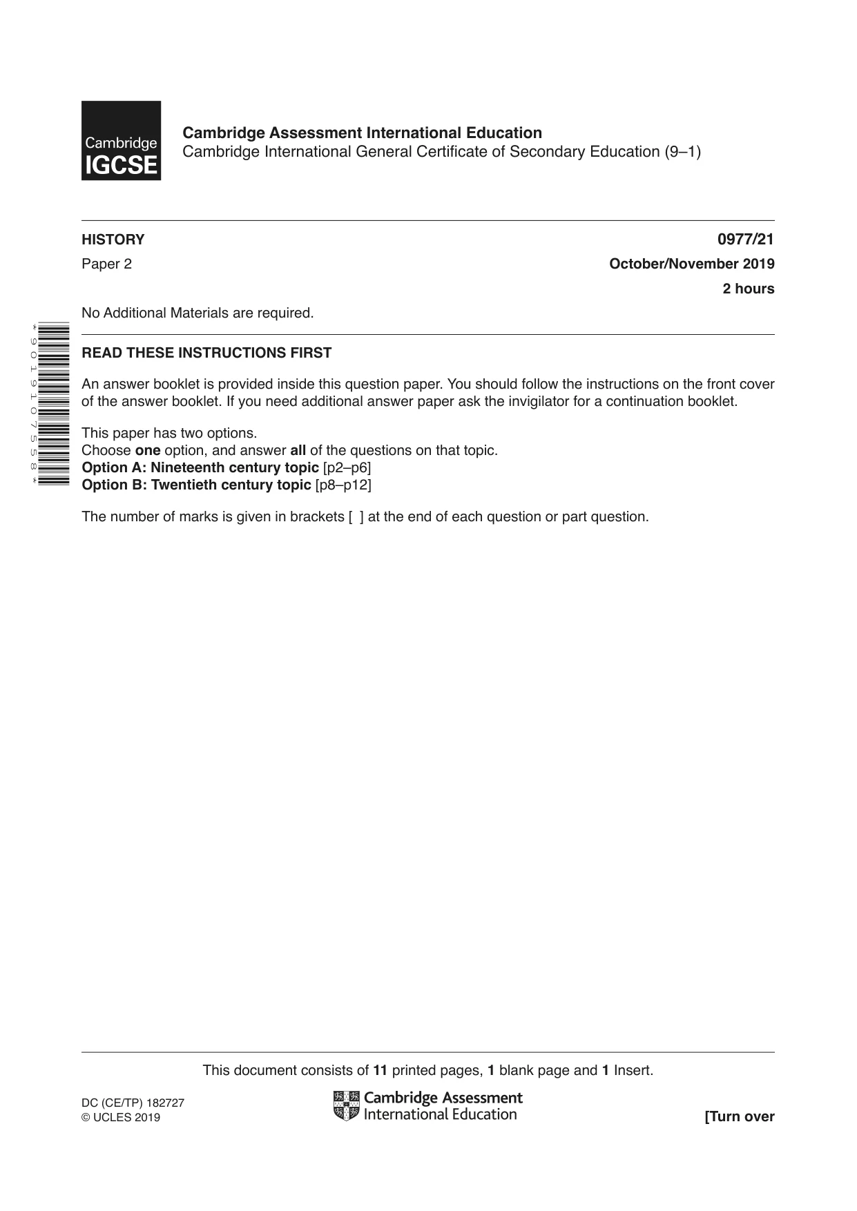 Cambridge IGCSE History (9-1) 0977 2019 Oct/Nov Paper 2 · Variant 1 question paper, page 1 of 12
