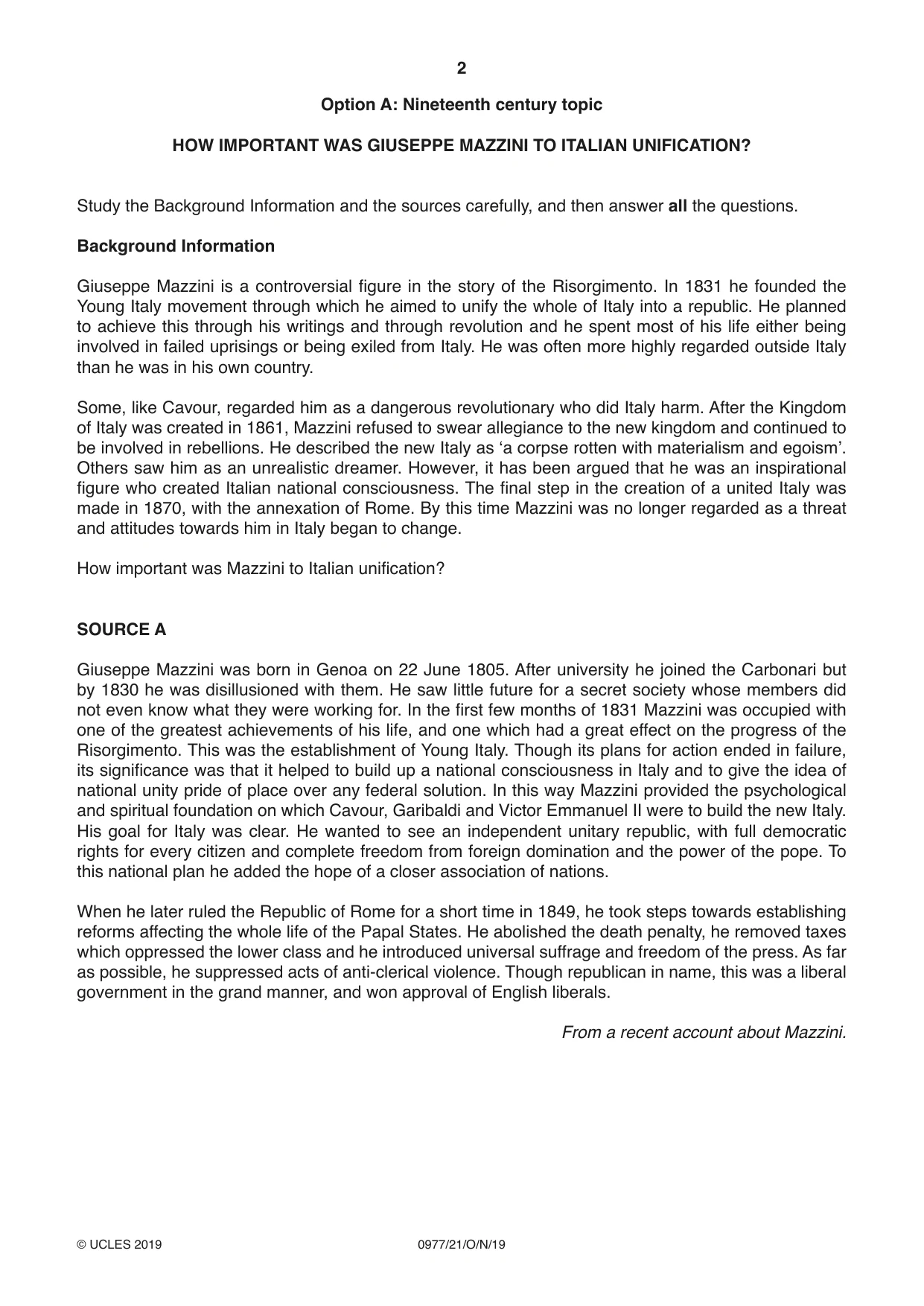 Cambridge IGCSE History (9-1) 0977 2019 Oct/Nov Paper 2 · Variant 1 question paper, page 2 of 12
