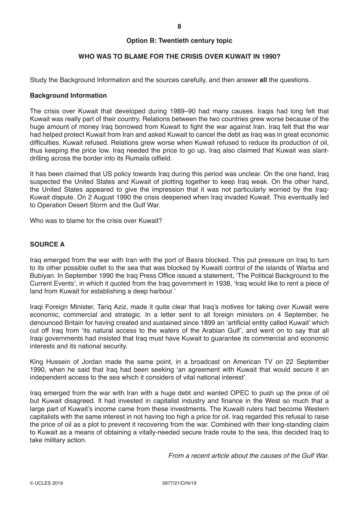 Cambridge IGCSE History (9-1) 0977 2019 Oct/Nov Paper 2 · Variant 1 question paper, page 8 of 12