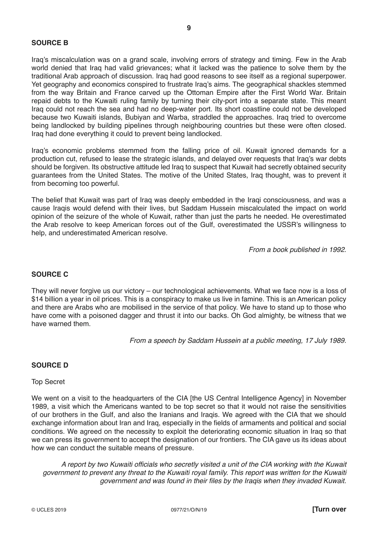 Cambridge IGCSE History (9-1) 0977 2019 Oct/Nov Paper 2 · Variant 1 question paper, page 9 of 12