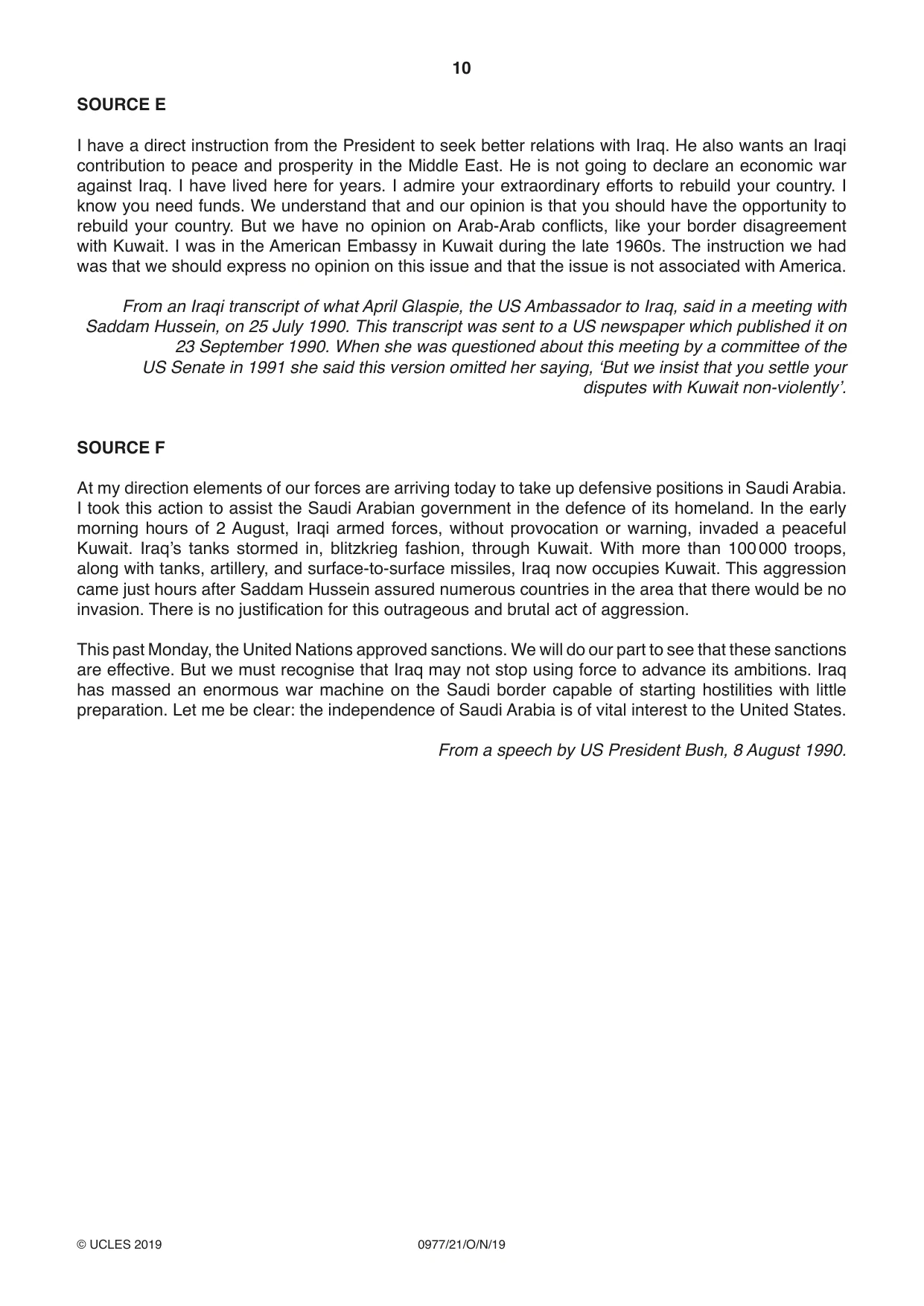 Cambridge IGCSE History (9-1) 0977 2019 Oct/Nov Paper 2 · Variant 1 question paper, page 10 of 12