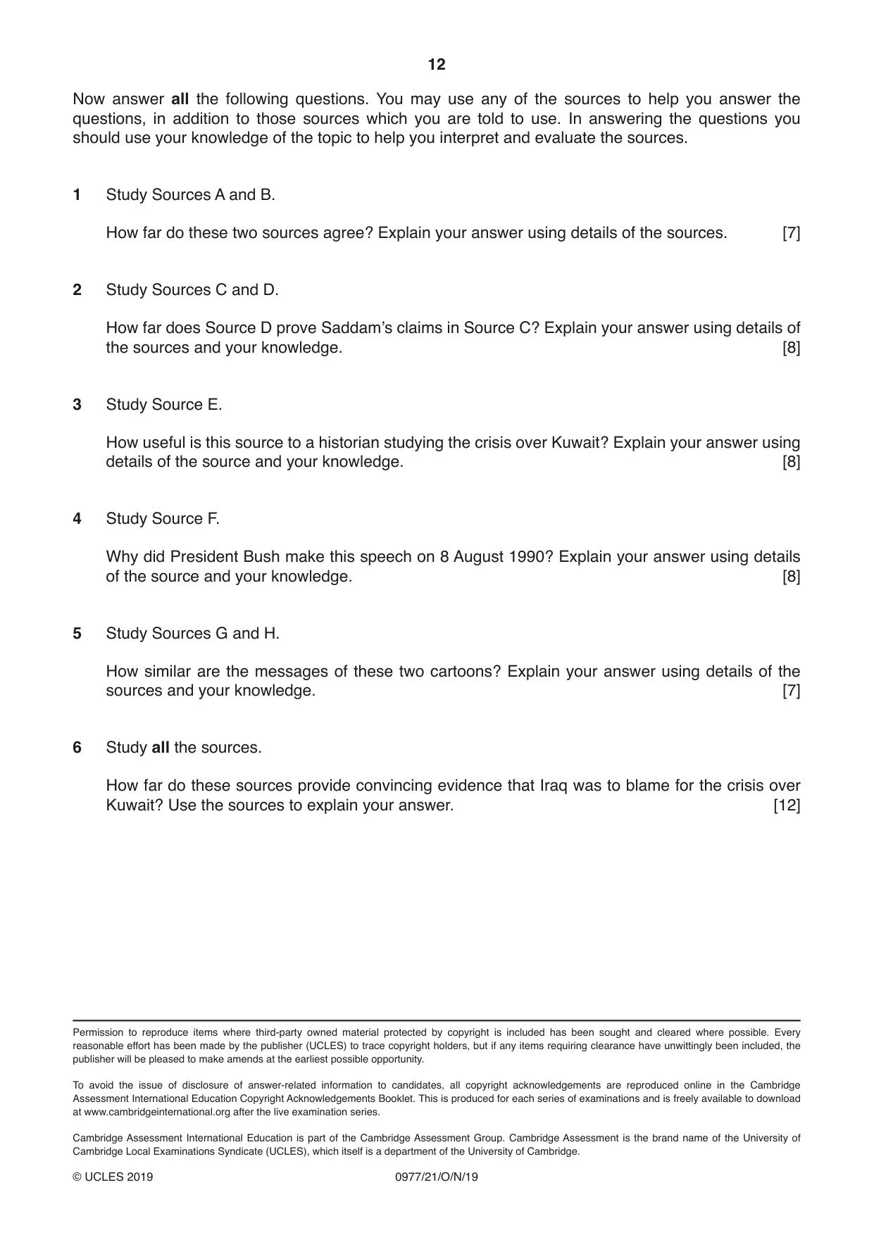 Cambridge IGCSE History (9-1) 0977 2019 Oct/Nov Paper 2 · Variant 1 question paper, page 12 of 12