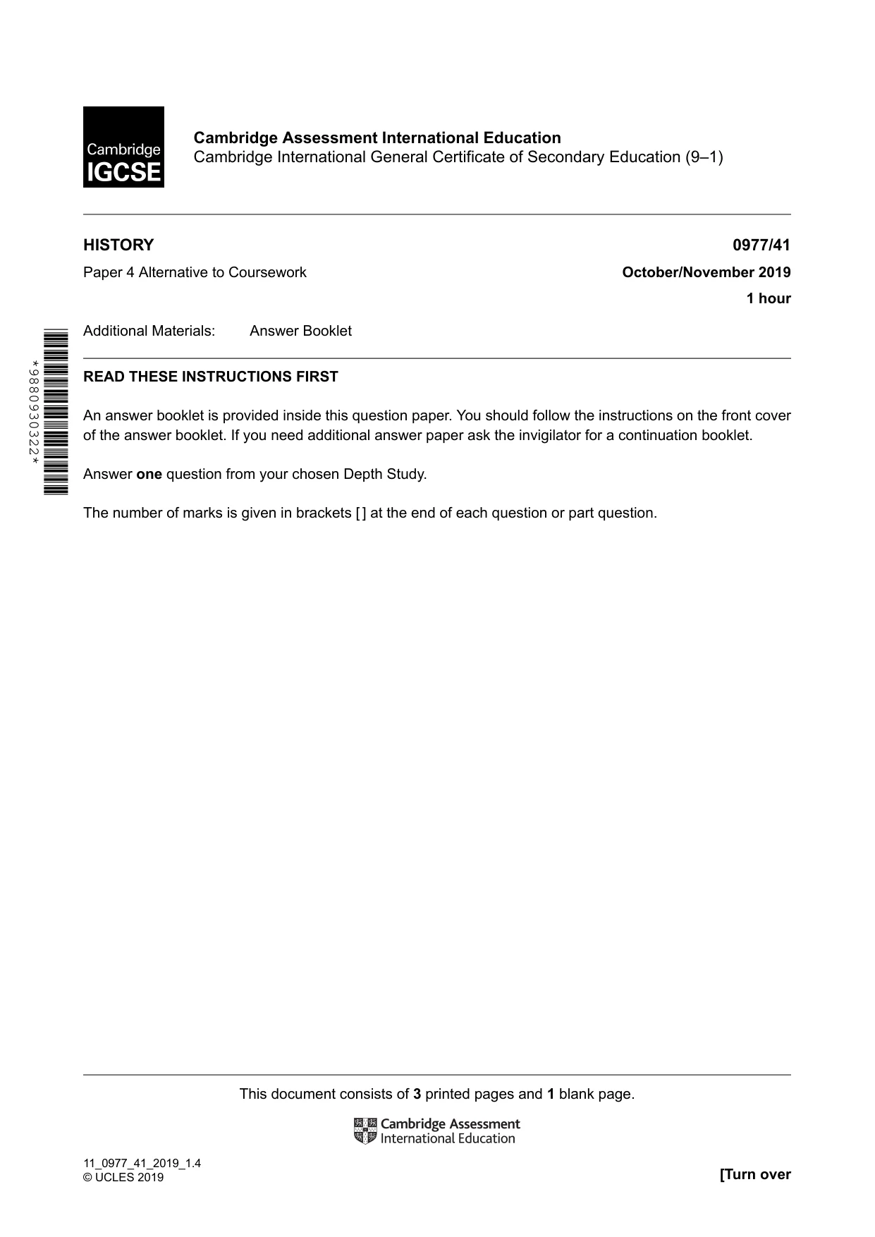 Cambridge IGCSE History (9-1) 0977 2019 Oct/Nov Paper 4 · Variant 1 question paper, page 1 of 4