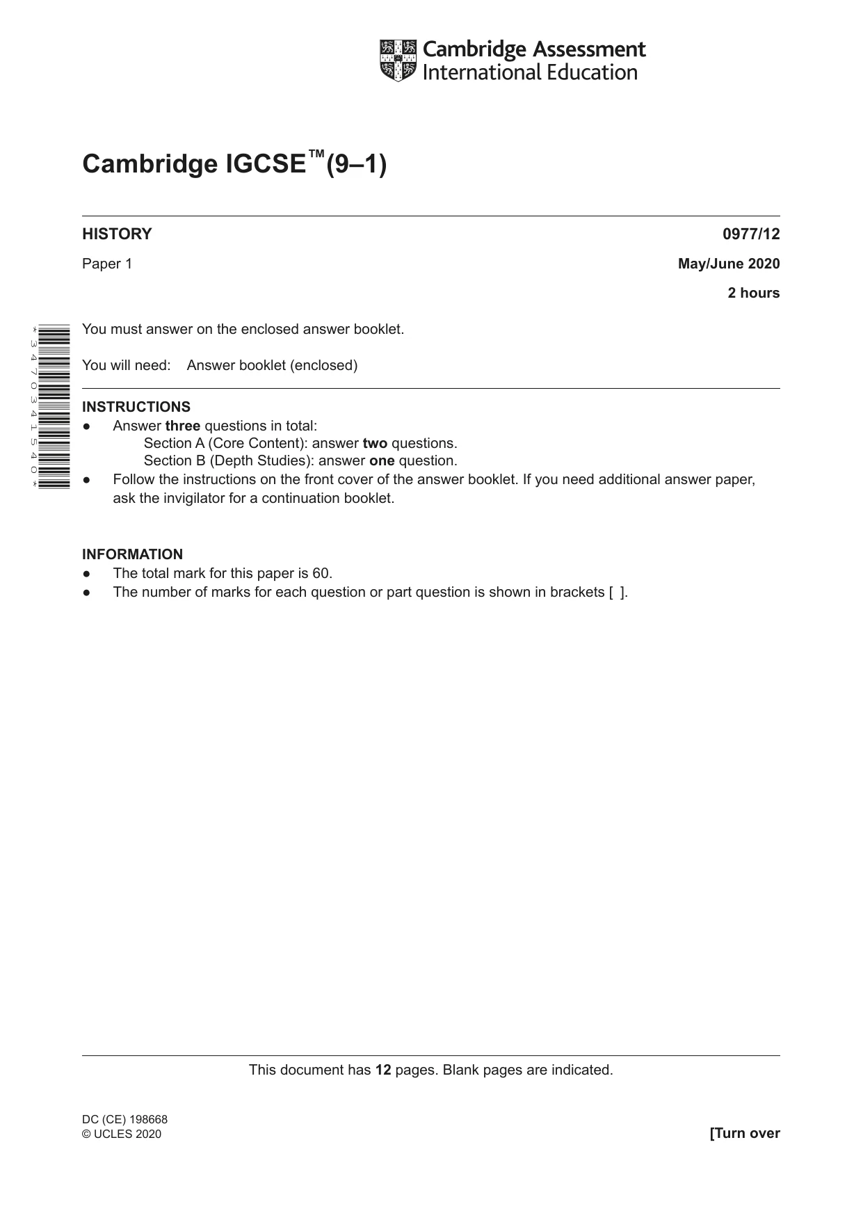 Cambridge IGCSE History (9-1) 0977 2020 May/June Paper 1 · Variant 2 question paper, page 1 of 12