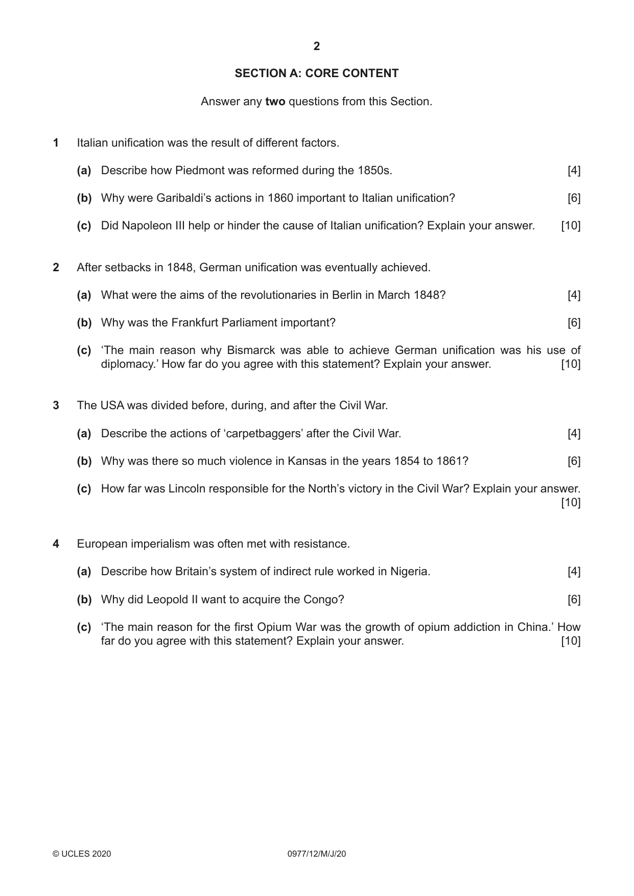 Cambridge IGCSE History (9-1) 0977 2020 May/June Paper 1 · Variant 2 question paper, page 2 of 12