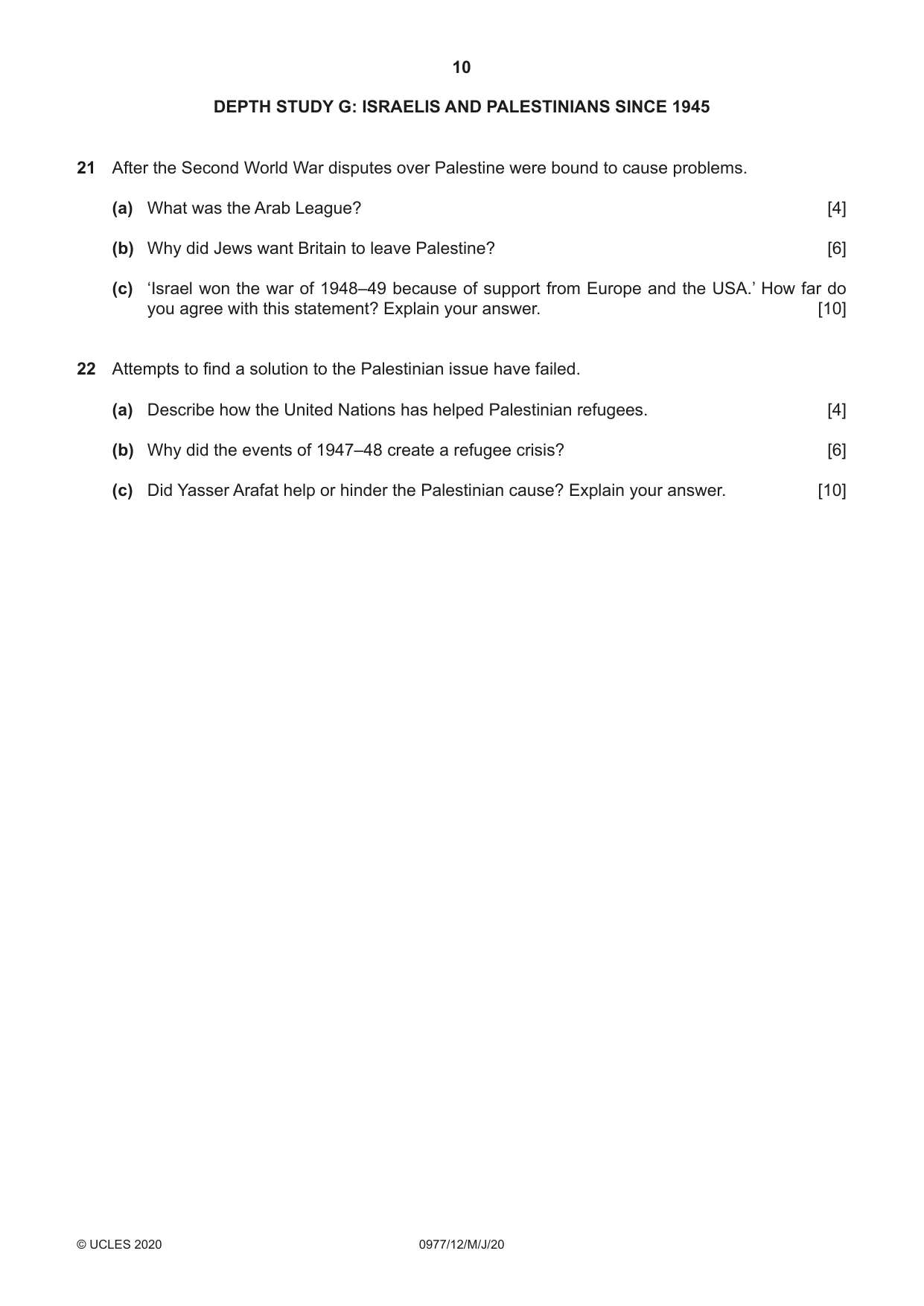 Cambridge IGCSE History (9-1) 0977 2020 May/June Paper 1 · Variant 2 question paper, page 10 of 12