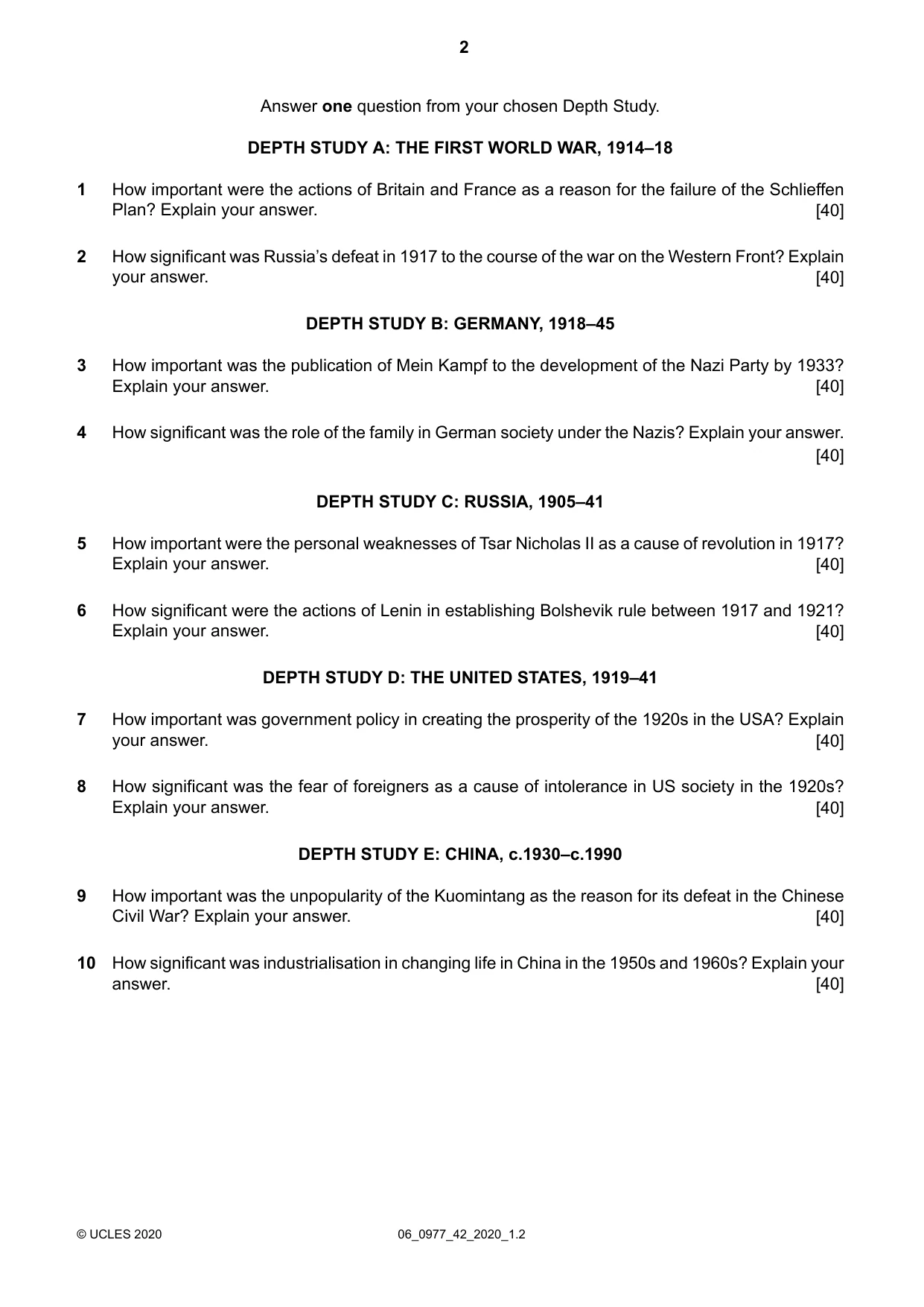 Cambridge IGCSE History (9-1) 0977 2020 May/June Paper 4 · Variant 2 question paper, page 2 of 4